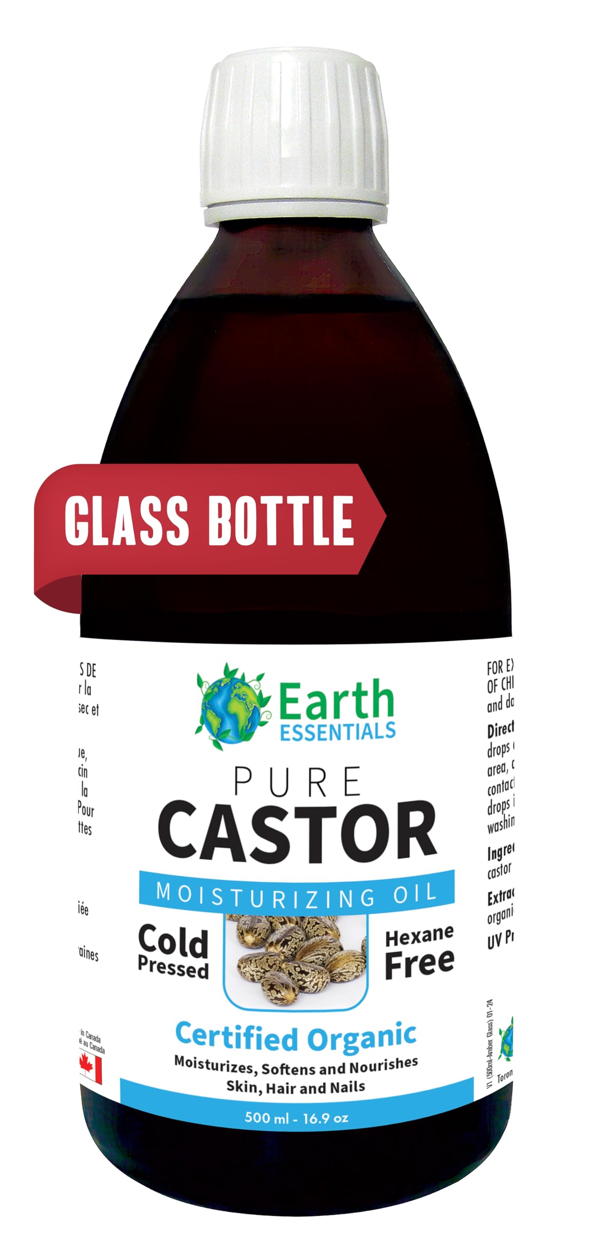 Castor Oil 100% Pure Certified Organic Glass Bottle Cold Pressed Hexane Free - 500ml 16.9 Oz