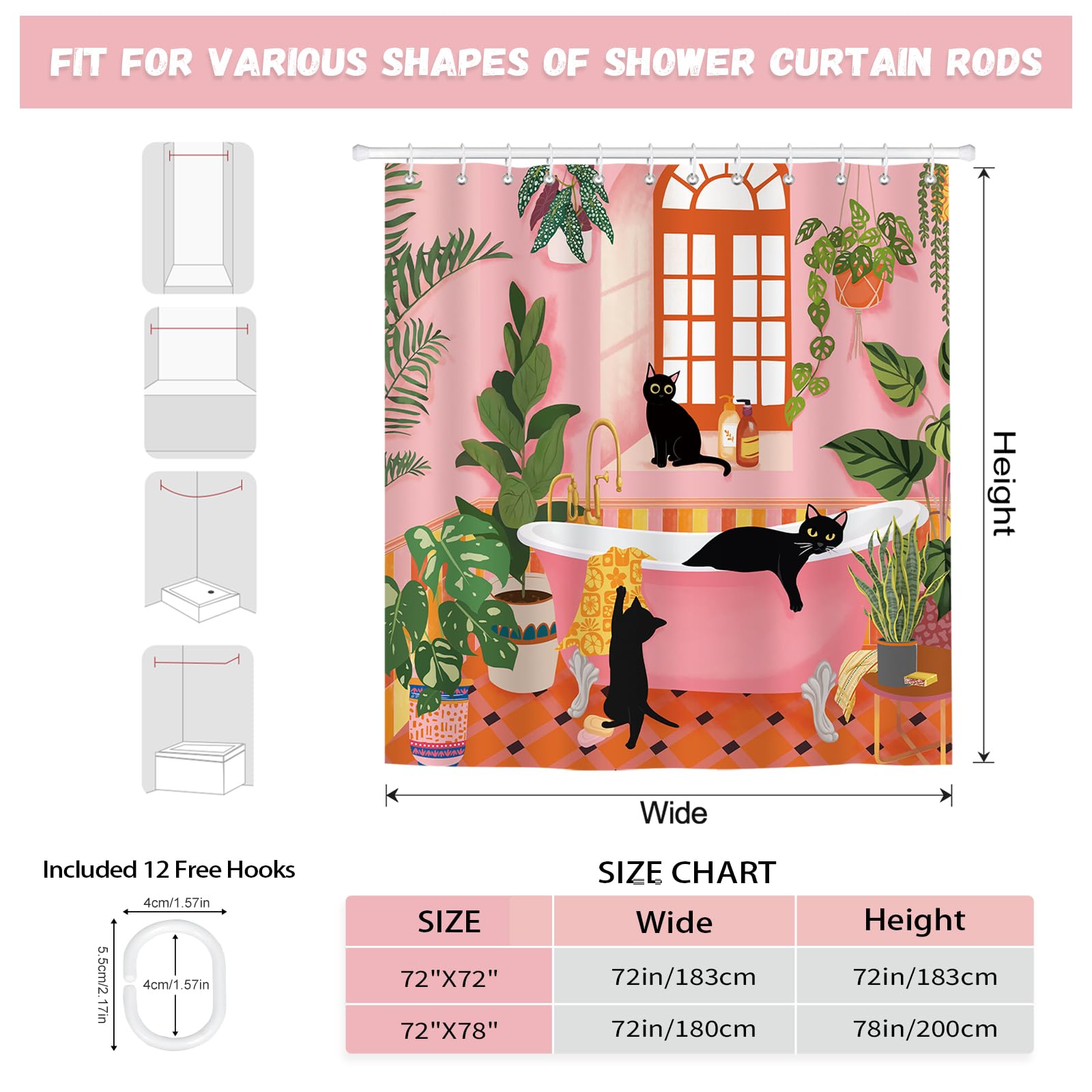 Boho Tenda da Doccia Gatto Nero 180x200 cm Vintage Carino Rosa Bagno Piante Verdi Tropicali Poliestere Impermeabile Tenda Vasca da Bagno con 12 Ganci Lavabile in Lavatrice per Casa Hotel