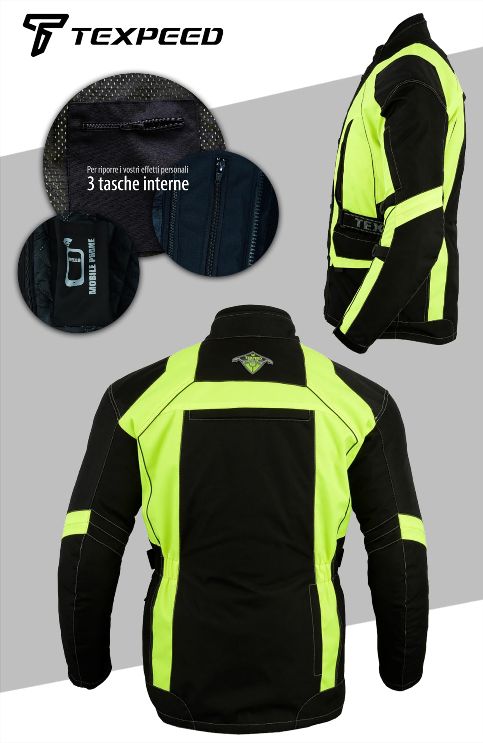 Texpeed Giacca da uomo impermeabile riflettente ad alta visibilità omologata con protezione - Giacca da motociclista lunga invernale con armatura CE (EN 1621-1) Giallo Nero - XL
