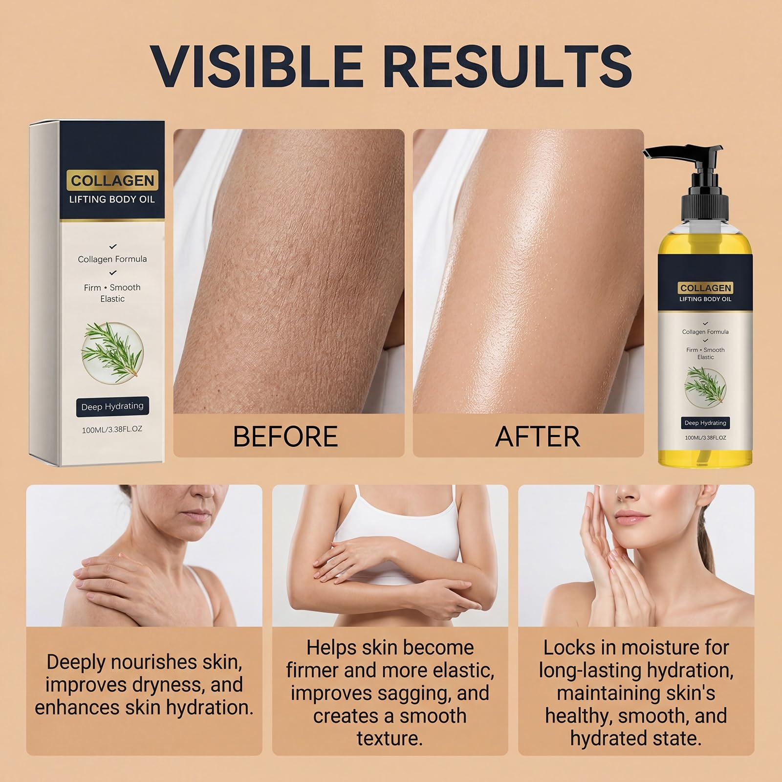 Olio per il corpo al collagene per rassodare la pelle flaccida, olio idratante dopo la doccia, oli idratanti al collagene per pelli secche e mature, oli rassodanti leggeri, non grassi, ad assorbimento