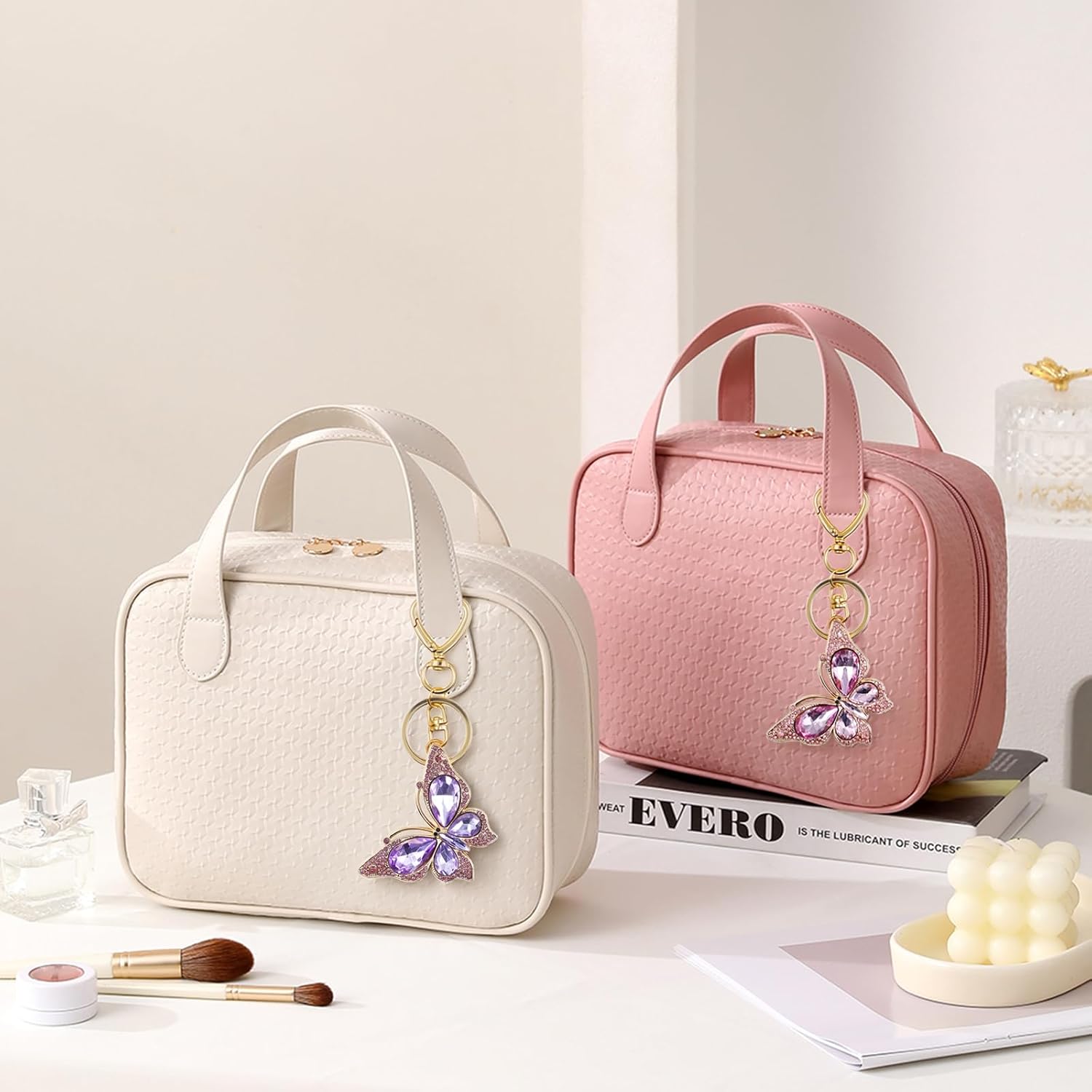 2pcs Butterfly Keychain Charms, Purse Bag Backpack Handbags Charms Butterfly Rhinestone Pendant, Cute Keychain Keyring Accessories for Women (Pink and Purple) - Image 3