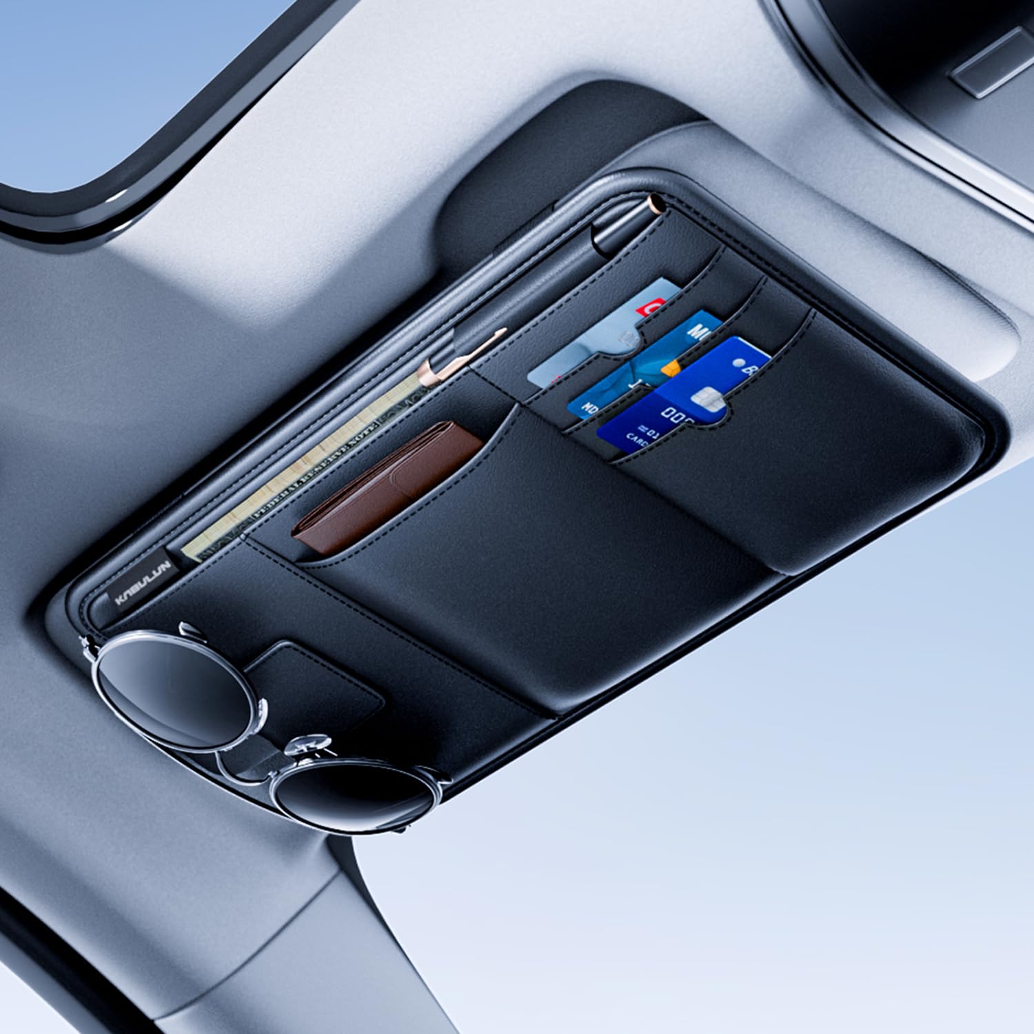 car visor organizer?Multi pocket sunshade storage machine suitable for cars, SUVs, and trucks?Including sunglasses holder?Can hold mobile phones, glasses, credit cards, keys, pens