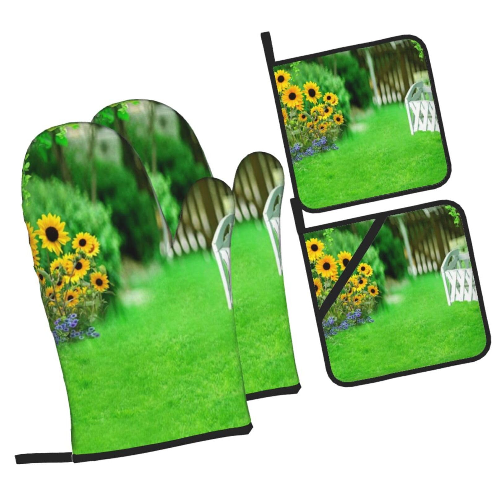 Vine Fence Grassland Sunflower Printed Oven Mitts and Pot Holders Heat Resistant Set of 4 Pcs, Modern Kitchen Gloves & Potholders for Cooking Baking Grilling