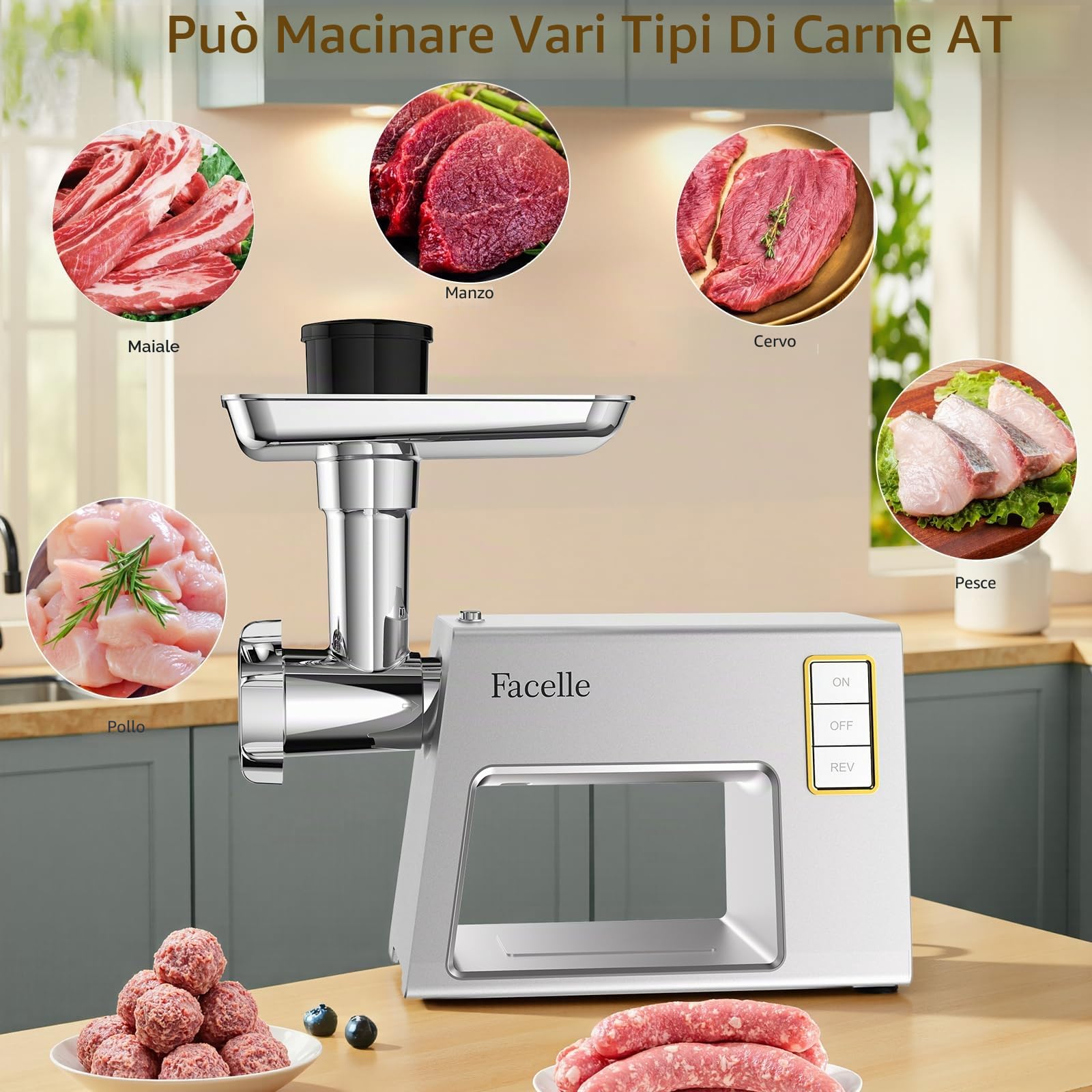 Facelle Tritacarne Elettrico per un Uso Familiare, 2000 W Max, con 3 Piastre Abrasive in Acciaio Inox, 1 Cubo e 1 Tubo di Riempimento per Salsicce, Tritacarne per Hamburger, Kibbeh e Cibo per Cani