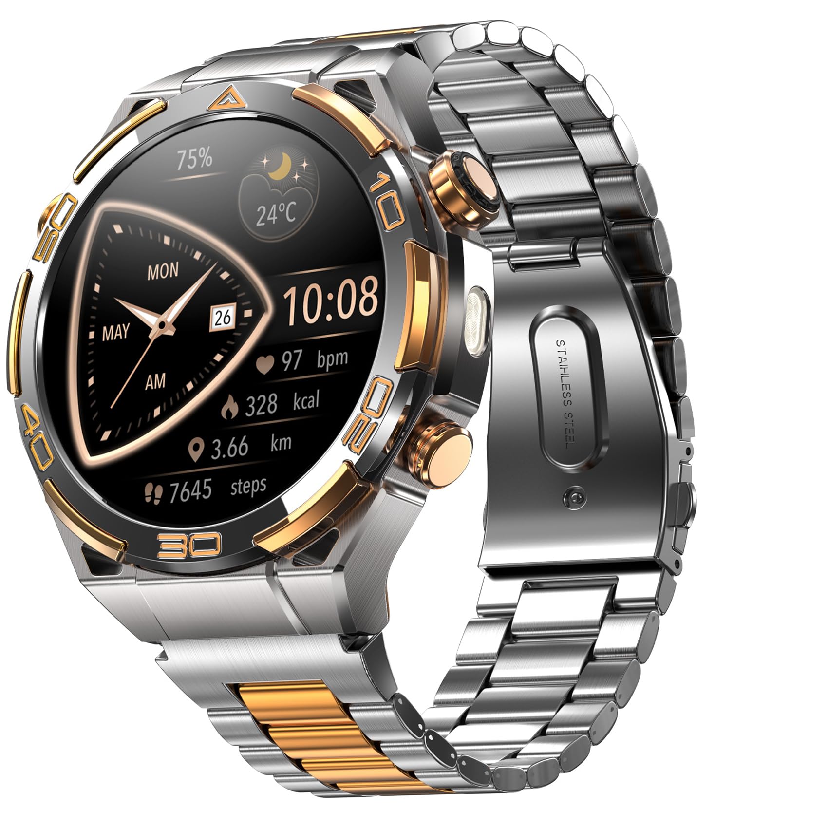 Blackview Smartwatch Herren, 14K-Gold-Einlage/GPS/Kompass/Bluetooth-Anrufe/AI/ChatGPT, Sportuhr, 100+ Sportmodi, Puls-Schlaf-Schritte-Kalorien-Kilometer, Fitnessuhr für Android iOS, Flagship Edition
