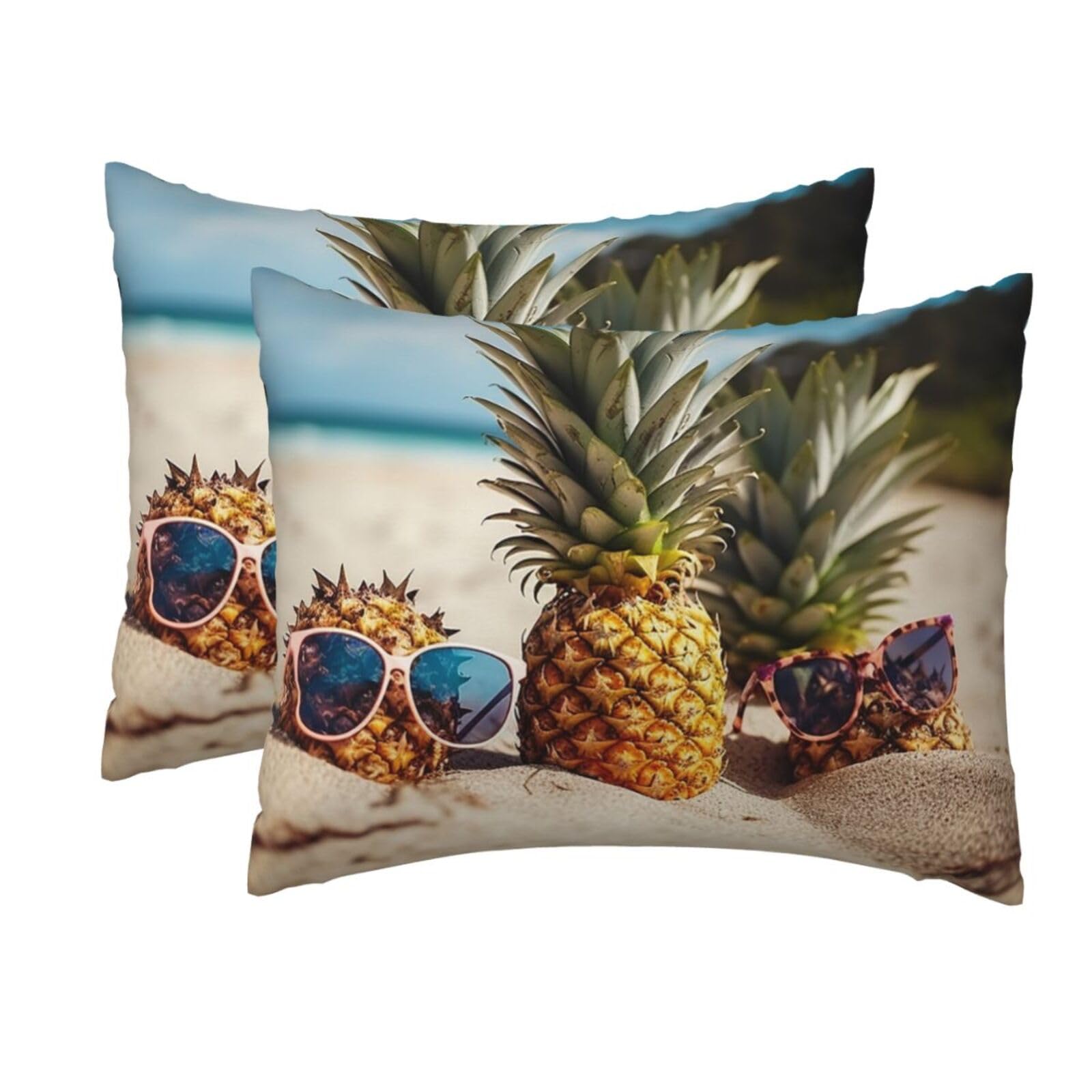 2 Pack Standard Size Pillow Cases for Hair and Skin Soft Breathable Pillow Case Covers with Hidden Zipper Pineapple Sunglasses Sand Beach Pillowcase 20x26 Inches Pillow Cover for Sleeping Gift