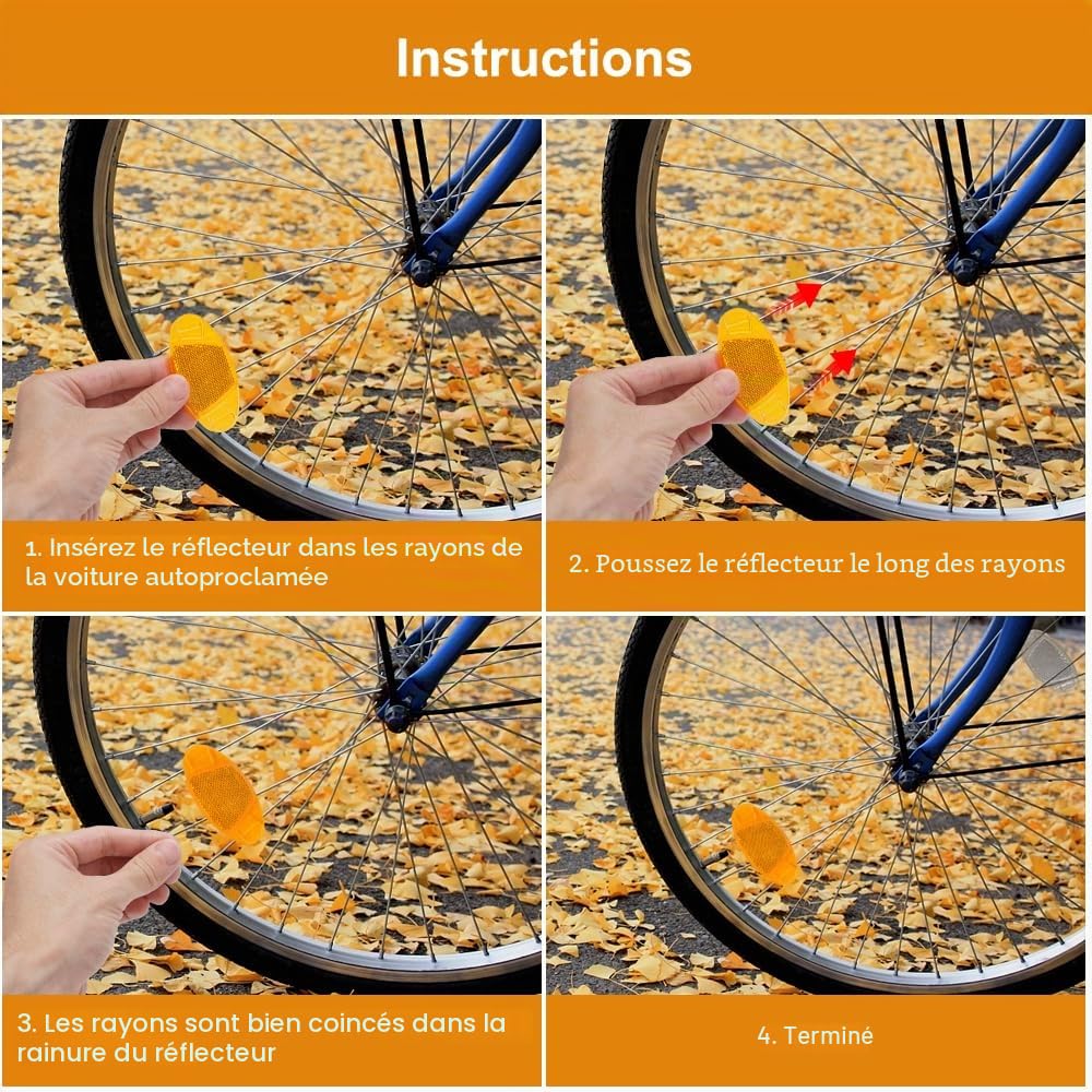 Lot De 12 Réflecteurs De Rayons De Vélo SULIUDAJI – Jaune/orange, Installation Facile, Sécurité Nuit, 360°