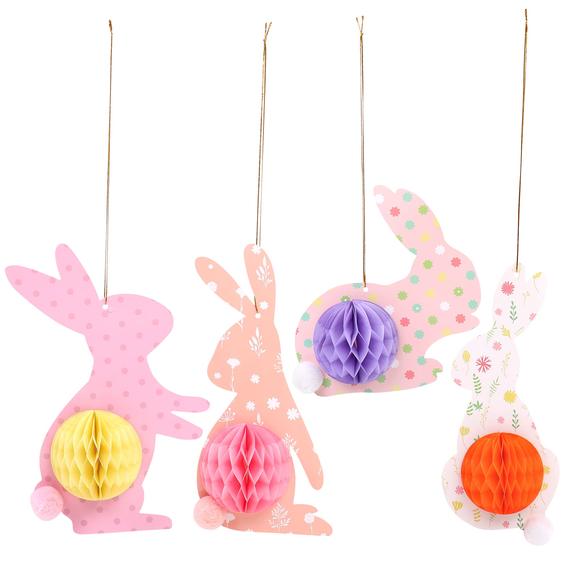 Momodarling Multicolor 4Pcs Easter Bunny Hanging Decorations For Home, Colorful Easter Rabbit With 3D Honeycomb Paper Egg Ball For Kindergarten, School, Birthday, Shopping Mall, Window Decoration Etc (Multi)