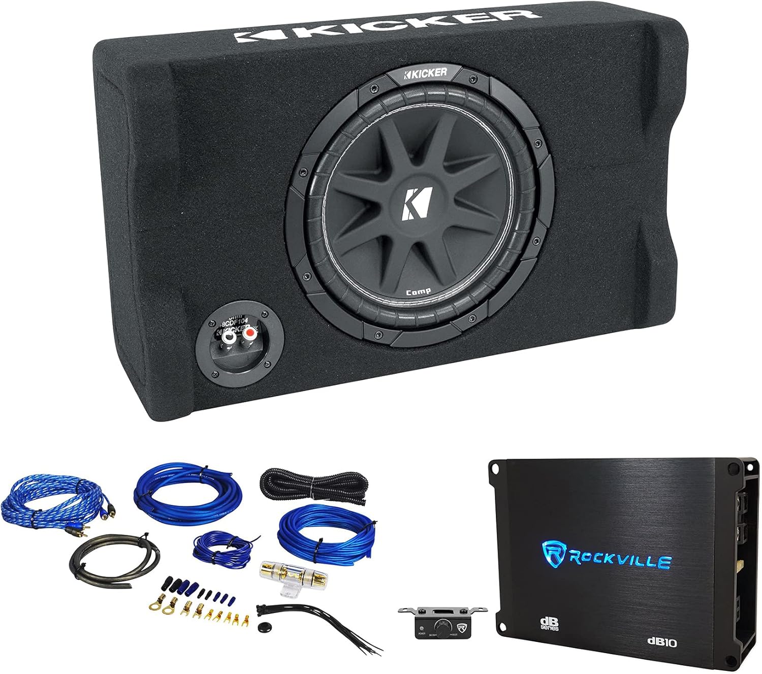 KICKER 48CDF104 Comp12 10" 300w Down Firing Car Subwoofer+Mono Amplifier+Amp Kit