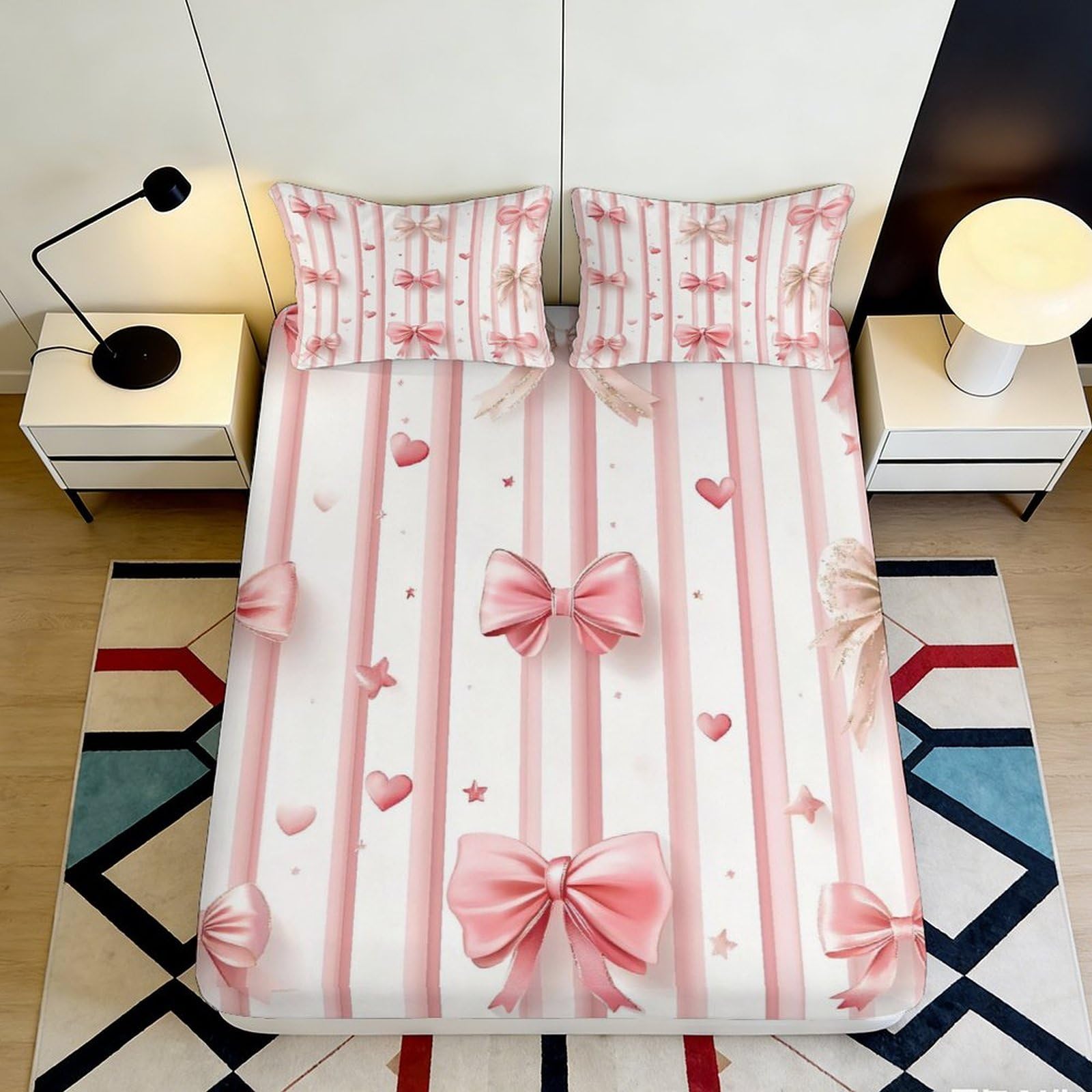 Pnayamiorkfel Style-10 3D Printed Pink Bow Stripe Fitted Sheet Microfiber Soft Anti-Slip Heart Star Mattress Cover For Bedroom Guest Room Decor 90X200x25cm