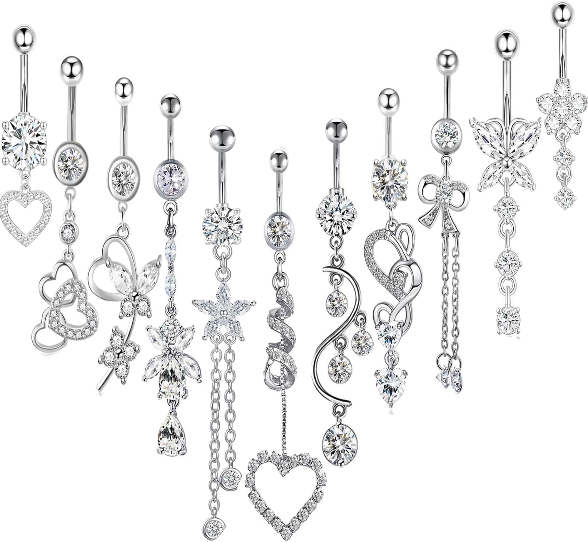 14G Women Belly Button Rings Surgical Stainless Steel Dangle Belly Rings 10mm Belly Bar Body Piercing Navel Jewelry Butterfly Heart Flower Dangling Silver Gold Belly Piercings 11pcs