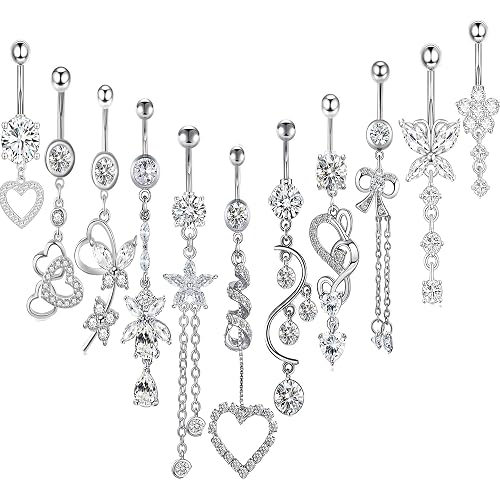 TIANCI FBYJS 14G Women Belly Button Rings Surgical Stainless Steel Dangle Belly Rings 10mm Belly Bar Body Piercing Navel Jewelry Butterfly Heart Flower Dangling Silver Gold Belly Piercings 11pcs