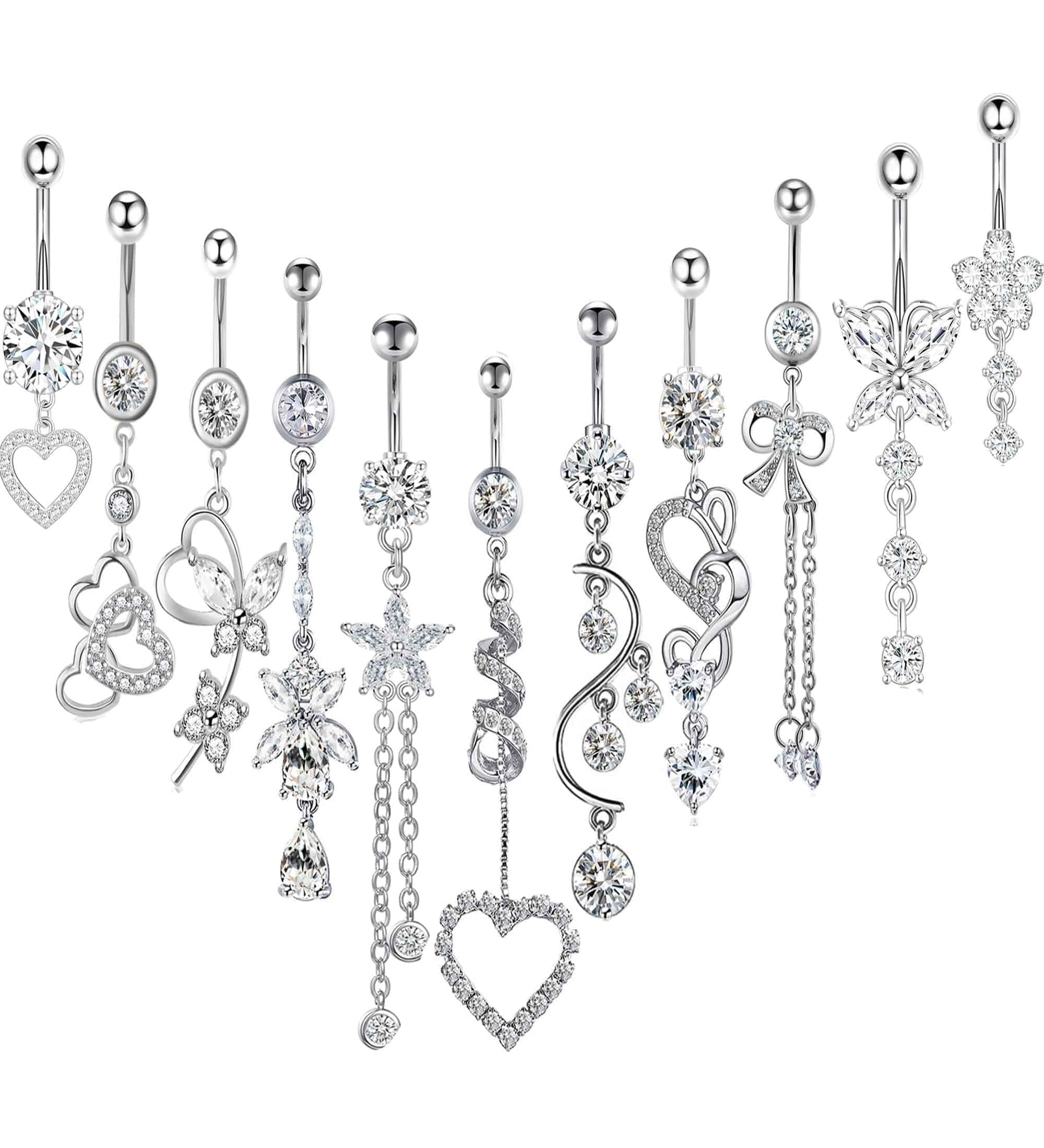 11pcs Dangly Belly Button Ring Surgical Steel Navel Piercing For Women Stainless Steel Hypoallergenic Long Dangle Belly Ring 14G Belly Bar Body Piercing Jewelry Butterfly Heart Flower Silver Gold