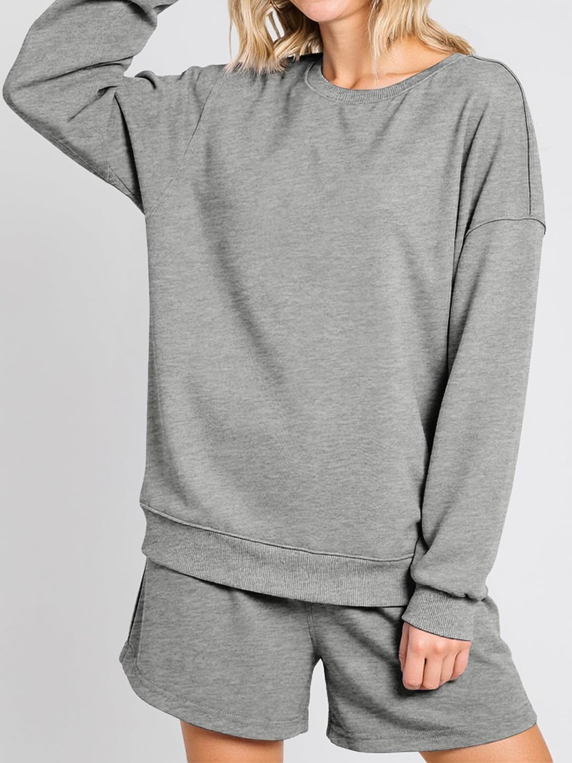 Tankaneo Womens Oversized 2 Piece Outfits Sweatsuit Casual Long Sleeve Crewneck Sweatshirts Sweat Shorts Fall Lounge Sets - Image 3