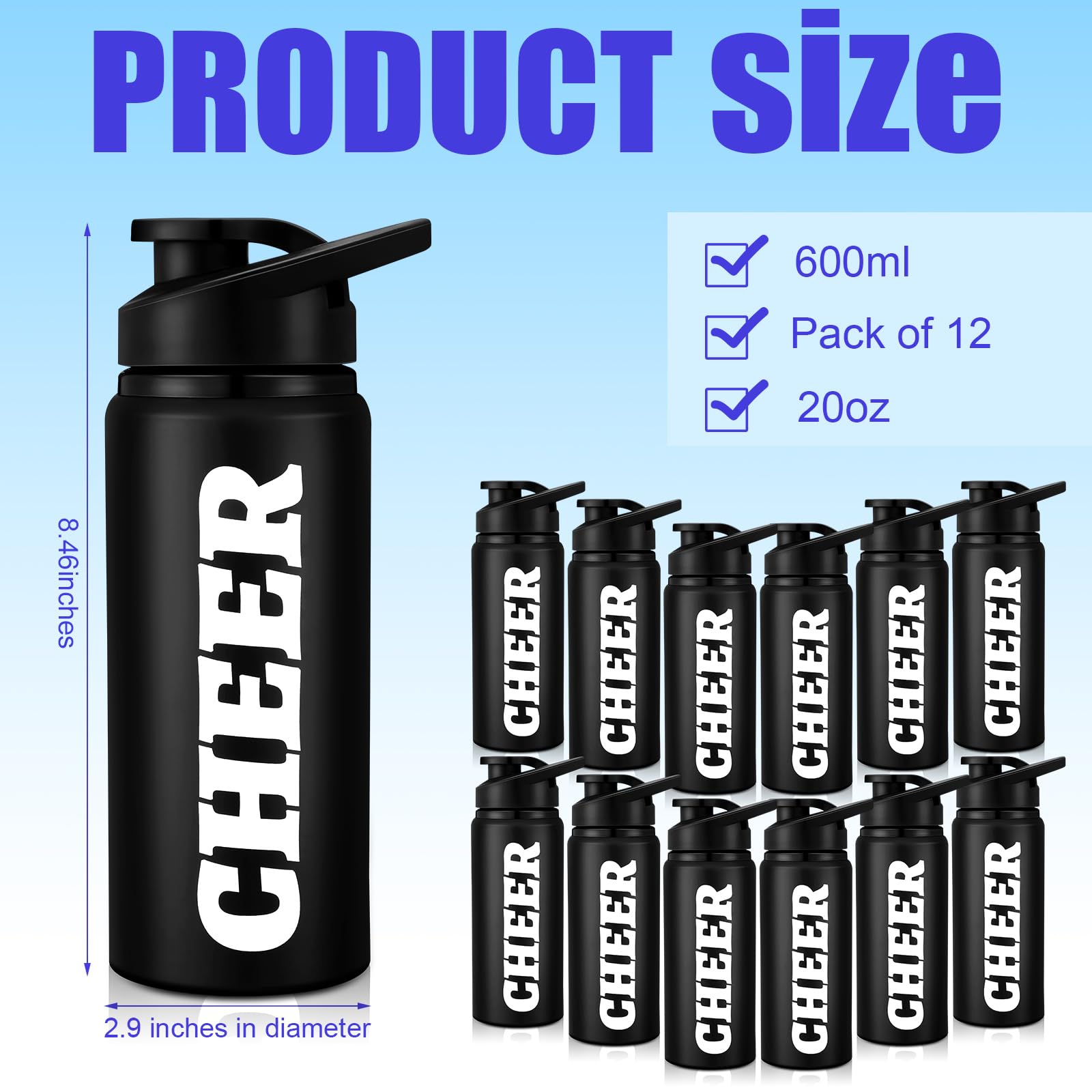 Hushee 12 bottiglie d'acqua Cheer da 590 ml, riutilizzabili, in alluminio, a prova di perdite, con coperchi a scatto, per cheerleader, allenatori, palestra, campeggio, escursionismo, attività