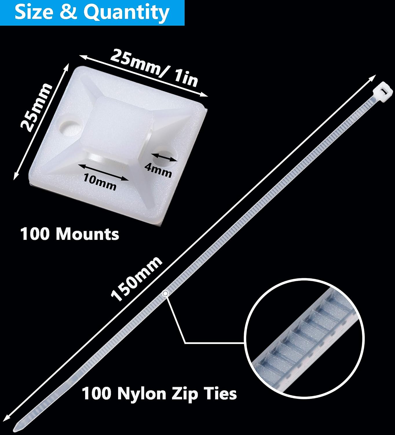 Cable Tie Mounts, Adhesive-Backed, 1 Inch, for Cable Management, Cable Tie Anchors, 100 Pack, White