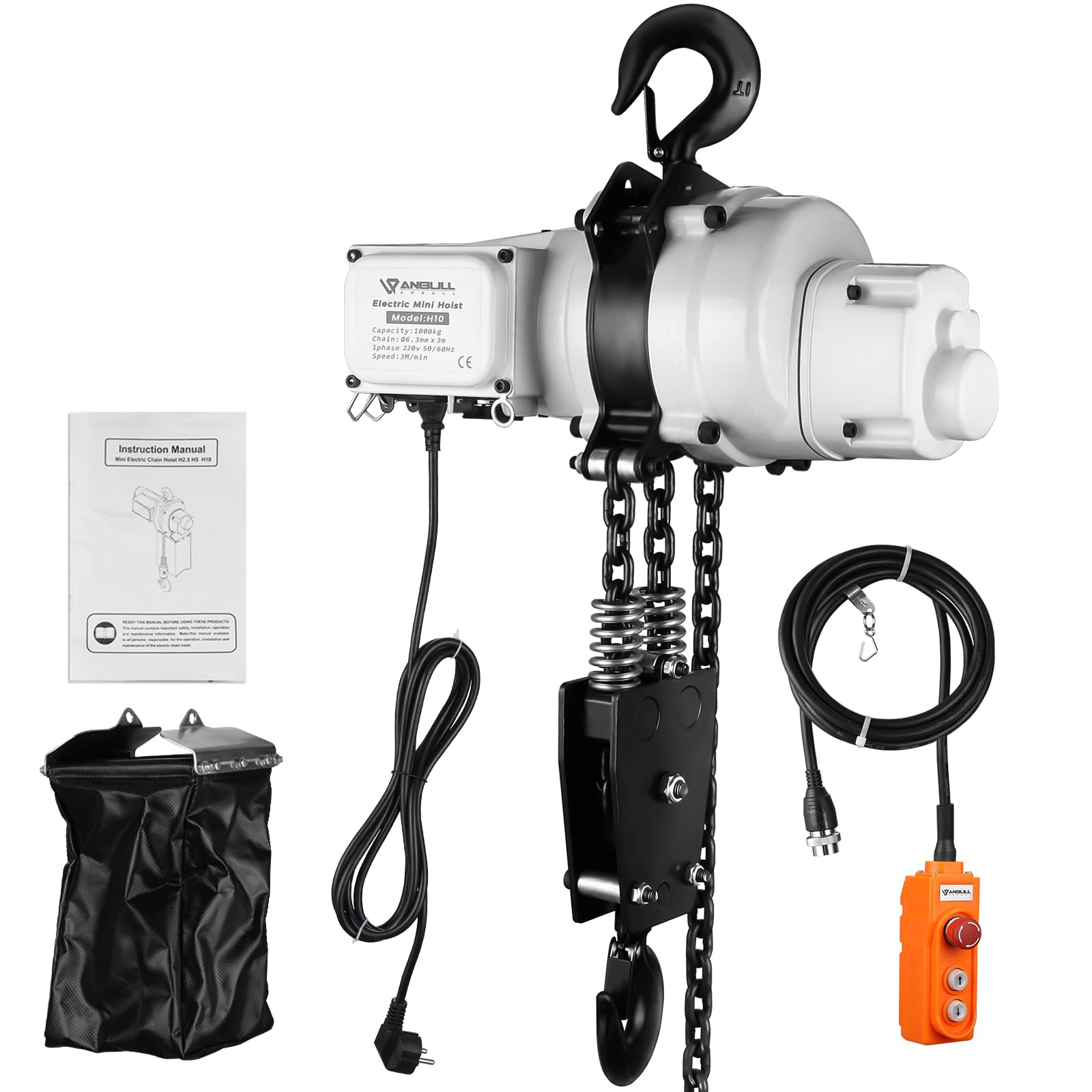 Anbull Montacarichi da Balcone 1000Kg | Catena FEC Giapponese | Paranco Elettrico 1300W | Altezza di sollevamento: 3 M | Telecomando Cablato 1,5 m | Argano Elettrico 220v