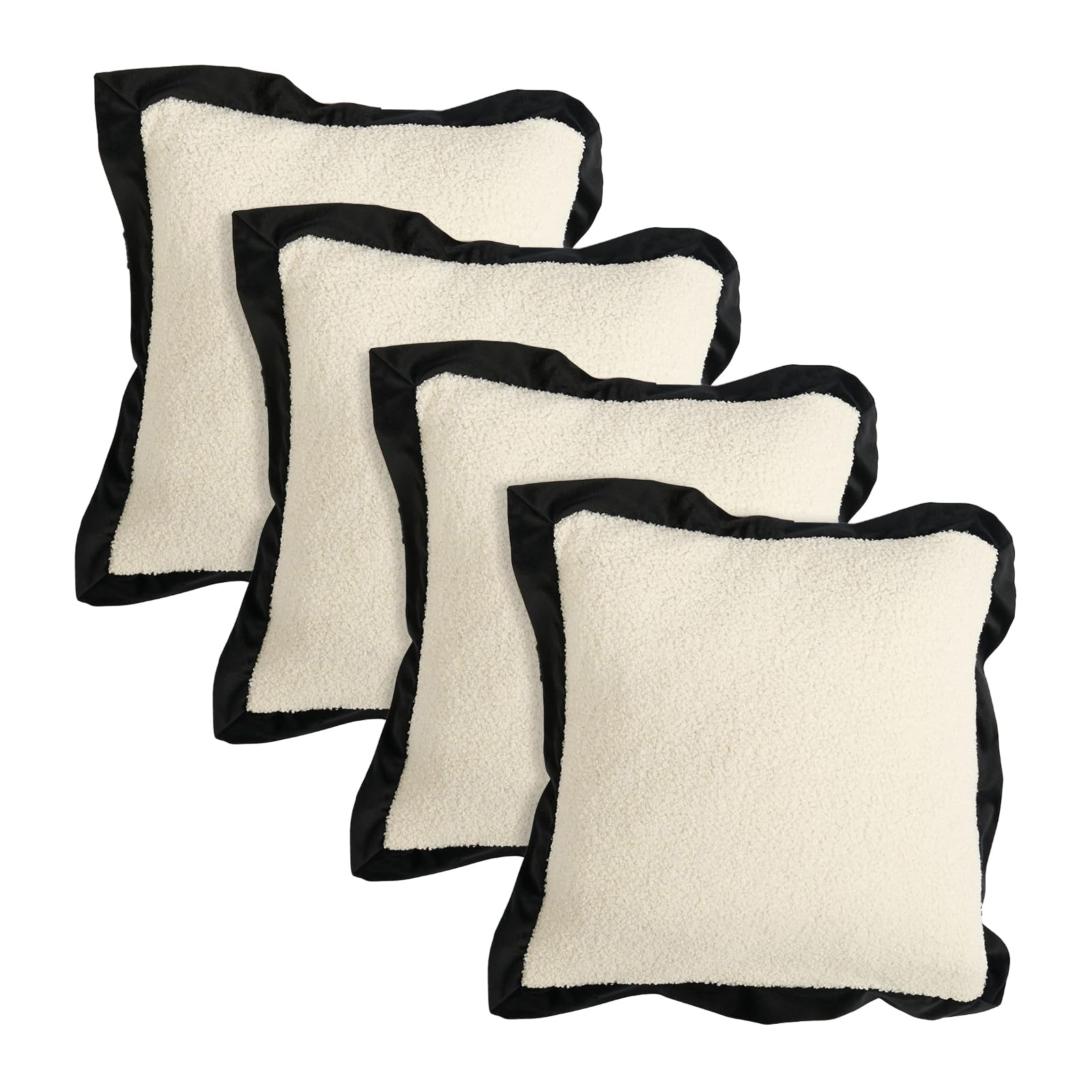 OHS Boucle Cushion Covers 45 x 45cm, Soft Classic Oxford Edge Decorative Cushion Covers with Invisible Zipper Home Decor Throw Pillow Cover Set of 4 for Living Room Bedroom, White/Black
