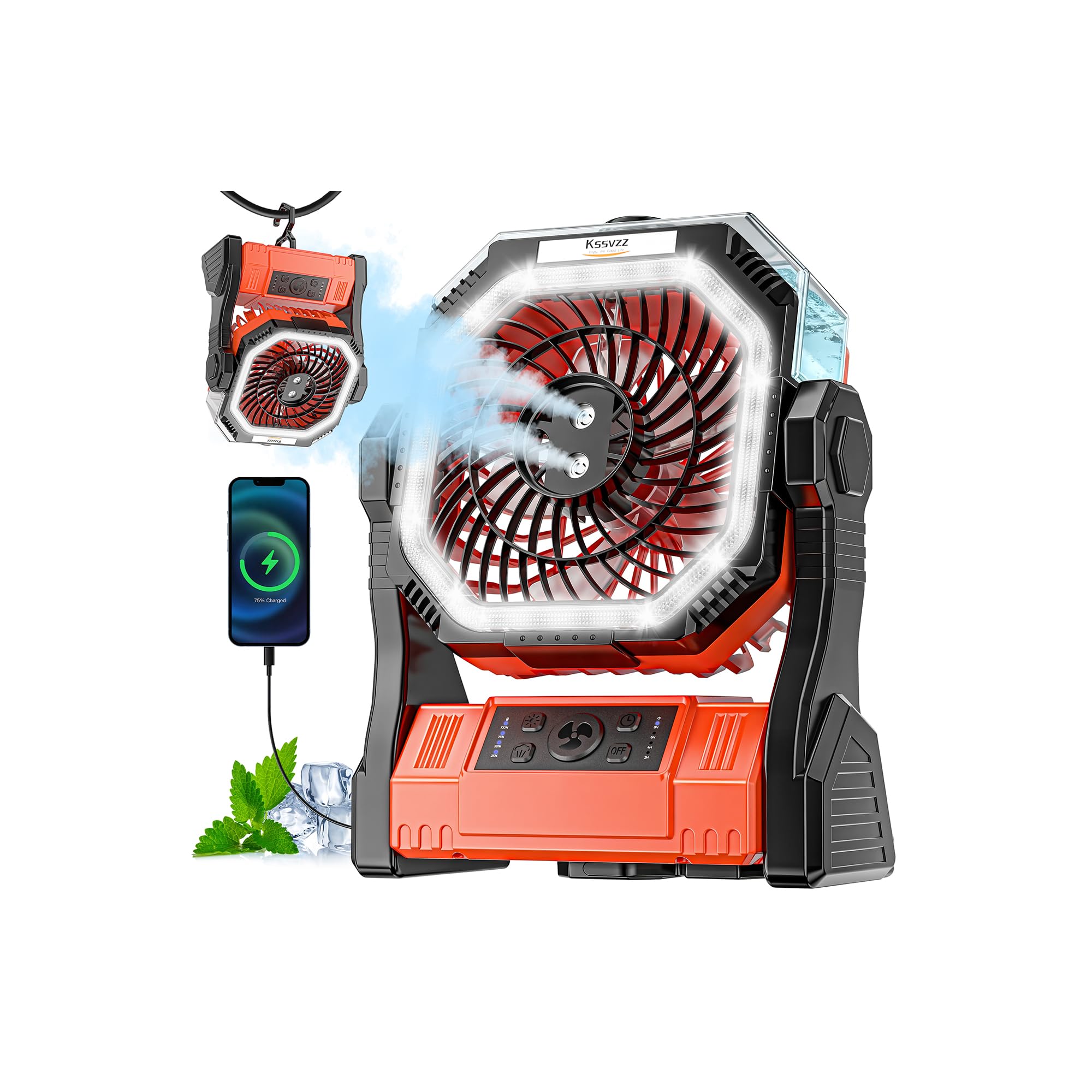 Misting Camping Fan, 20000mAh Rechargeable Camping Fan with 4 Speeds & Timer, Portable Tent Fan with 350mL Water Tank & LED Light, Battery Operated Fan for Picnic Barbecue Fishing Beach Office Home