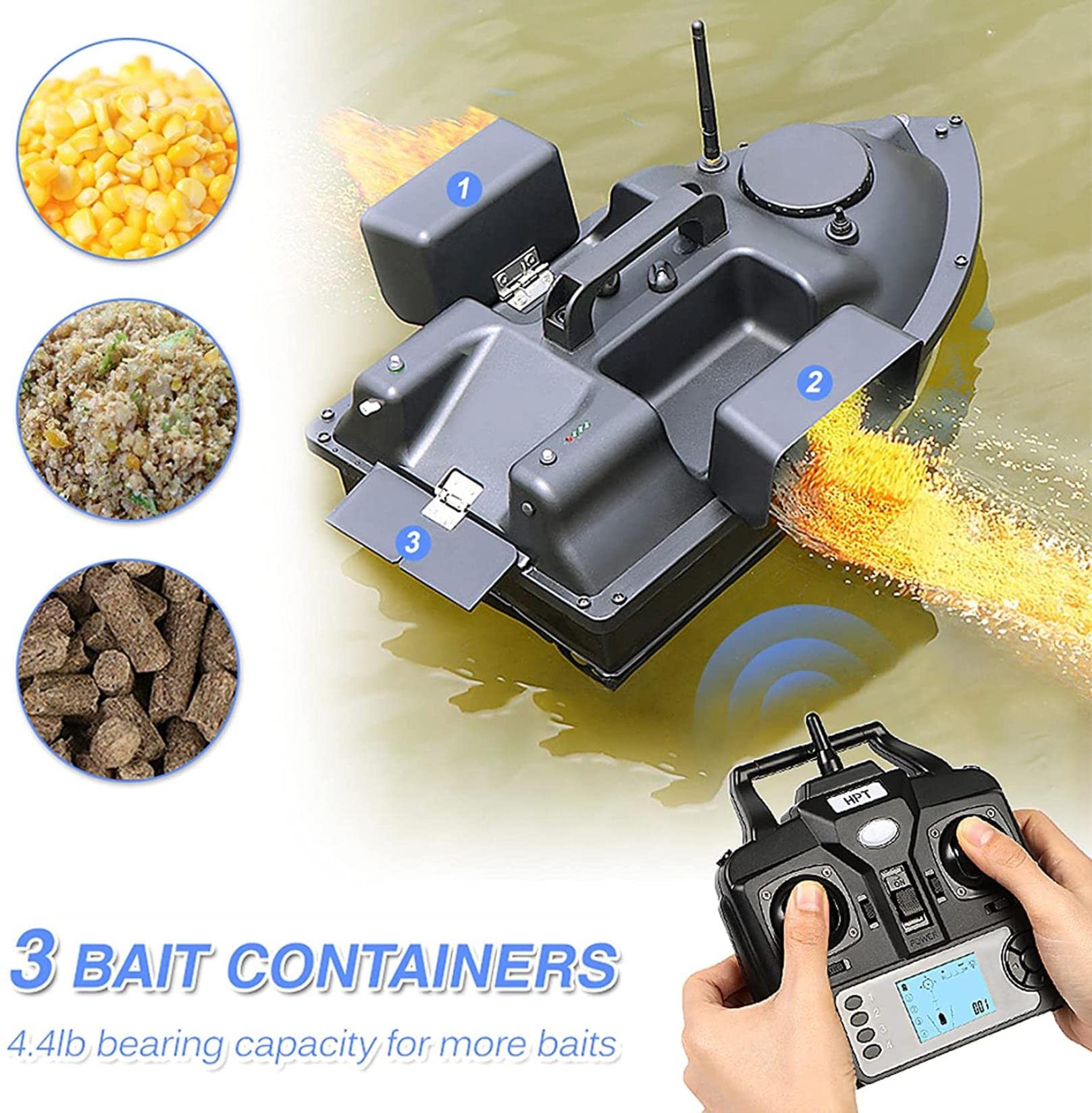 Barca Esca GPS RC Per Pesca – Batteria 12000 MAh, Autonomia 6 Ore, 3 Contenitori, Portata 500 M, Con Borsa Trasporto E Telecomando