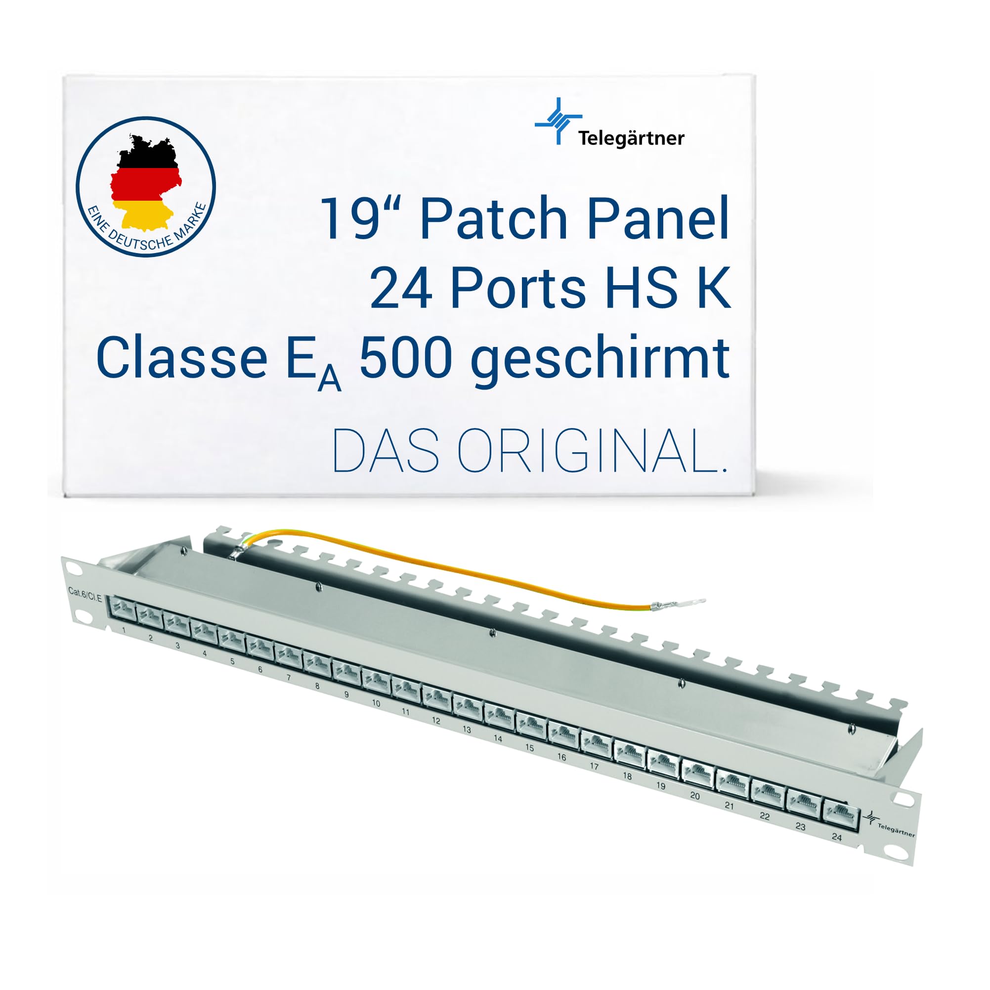 TELEGARTNER 19 Zoll Patch Panel 24 Port Cat.6A | 24-fach Verteilerfeld 1HE, LSA-Plus Anschluss, 360-Grad-Schirmung, robustes Stahlblechgehäuse, PoE+ Typ 4 kompatibel