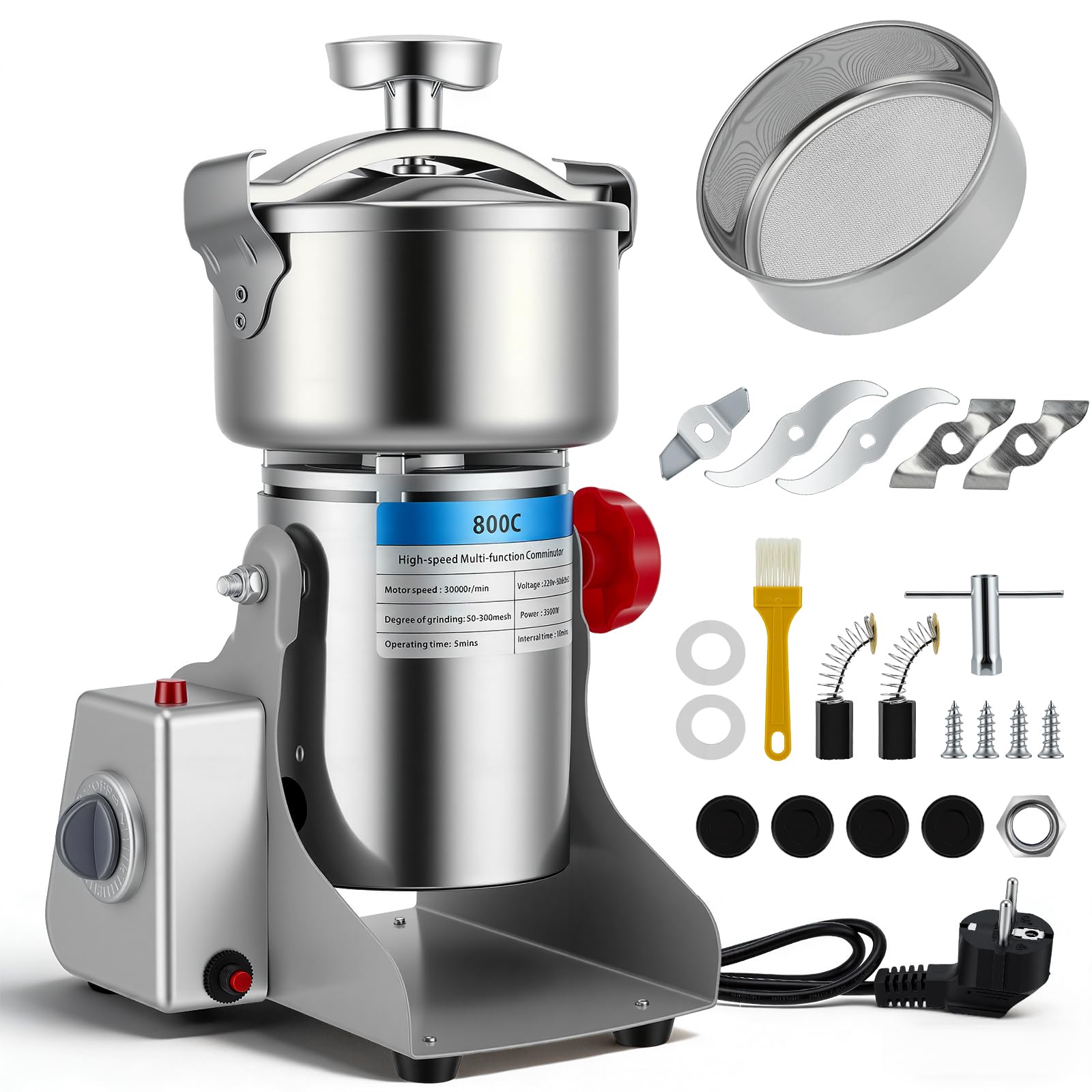Tragbare Elektrisch Getreidemühle 220V, Zum Mahlen schütteln, 3500W Hochgeschwindigkeits Schleifmaschine mit Zeitschaltuhr für Mehl Pulver, für Kräuter, Gewürze, Getreide mit Überlastschutz (800g)