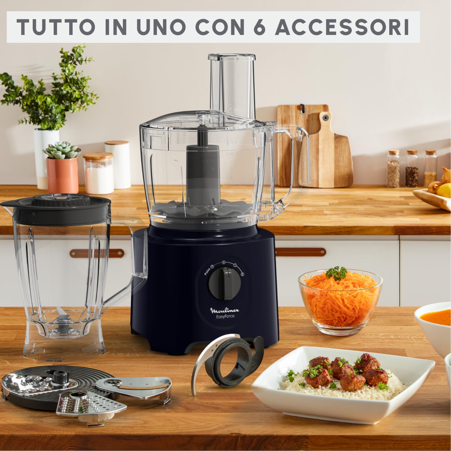 Robot da cucina multifunzione Moulinex Easy Force, 800 W, 25 funzioni, 2 velocità + Pulse, 6 accessori di cui 1 frullatore incluso, Compact FP247810, Blu notte