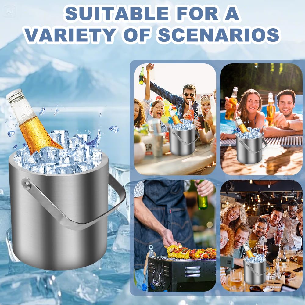 Secchiello Ghiaccio in Acciaio Inox 1,3L Secchiello per Champagne a Doppia Parete Portaghiaccio con Coperchio Pinze e Filtro Contenitore del Cubetto di Ghiaccio per Cocktail Bar e Feste
