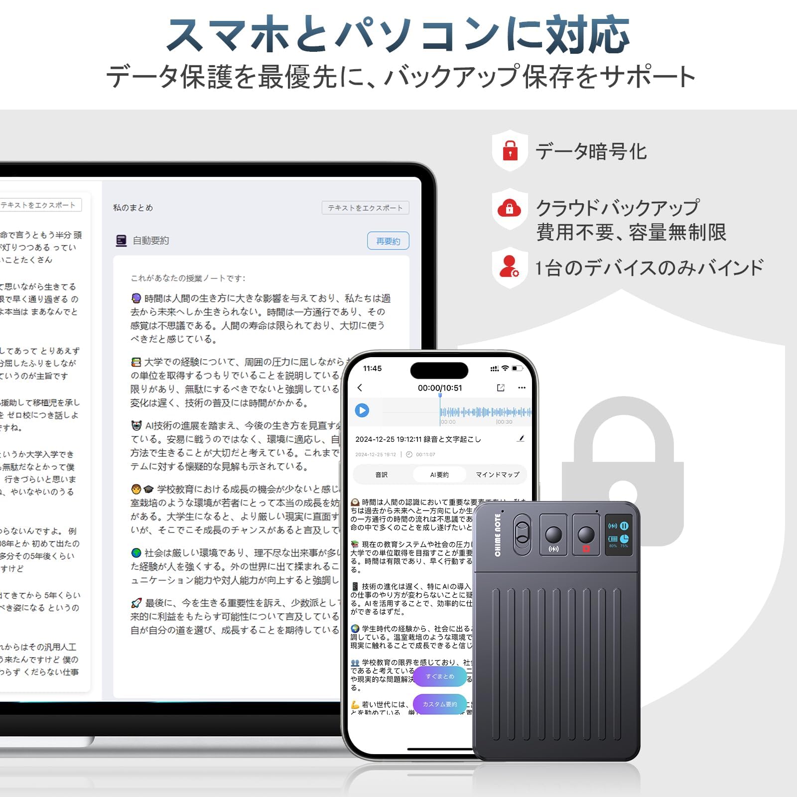 Amazon.co.jp: AI ボイスレコーダー CHIME NOTE PRO ワンタッチ