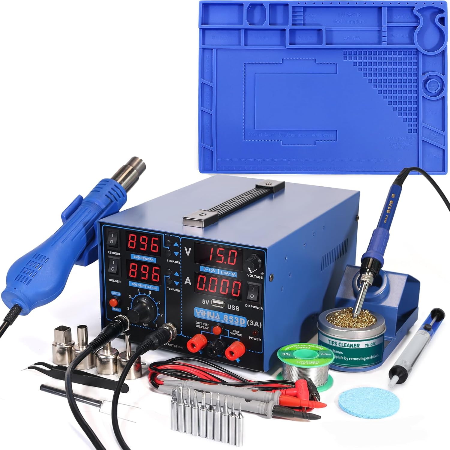 YIHUA 853D 3A USB Professional Soldering Rework and Power Supply Station bundle with 17.32" x 12.20" M180 Electronic Repair Mat with Holder, Cleaning Kit, and Accessories (27 Items)