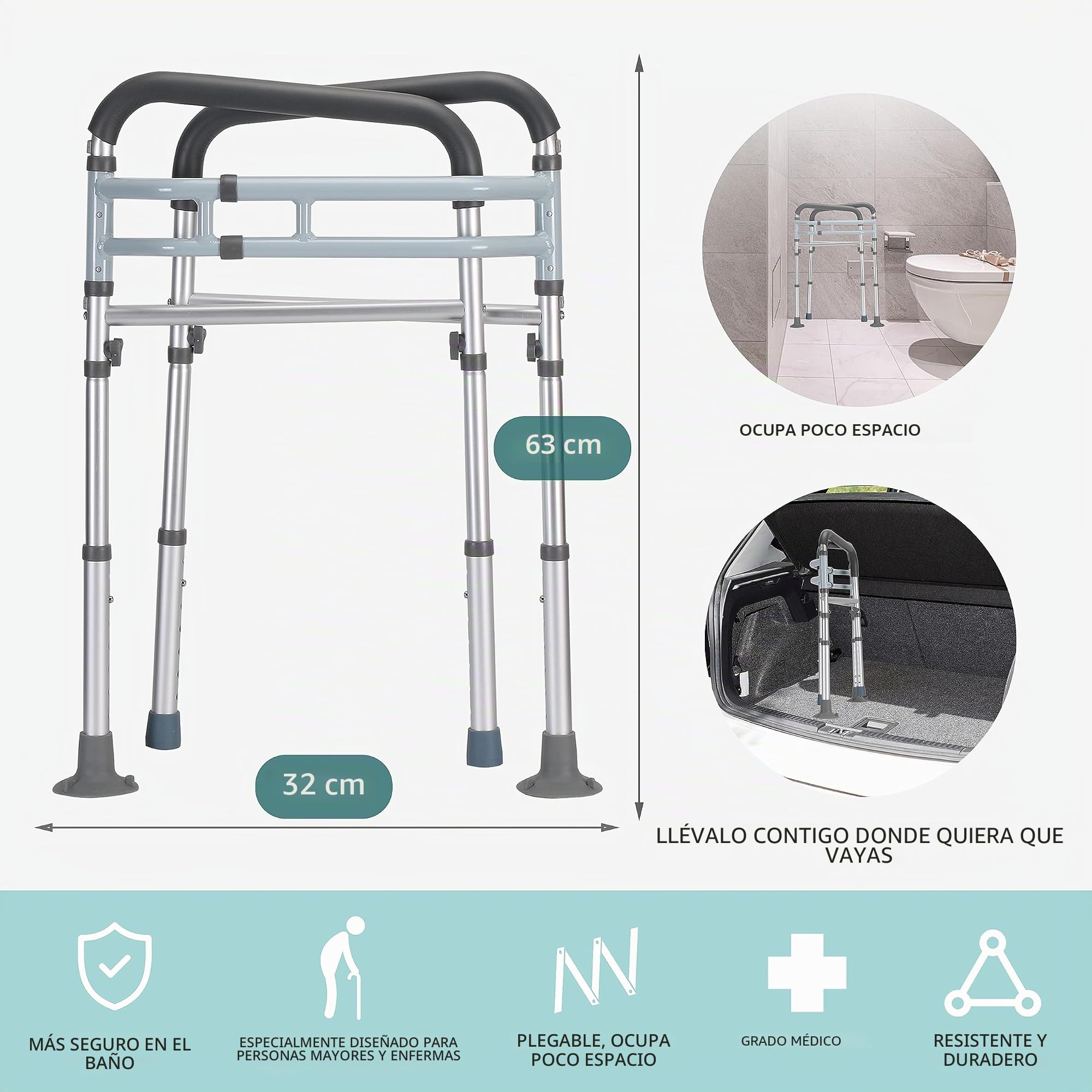 Rieles de seguridad para inodoros Lianjindun, barras de apoyo para personas mayores y discapacitadas, con asas de espuma gris, ajustables en altura y ancho, de aluminio plateado