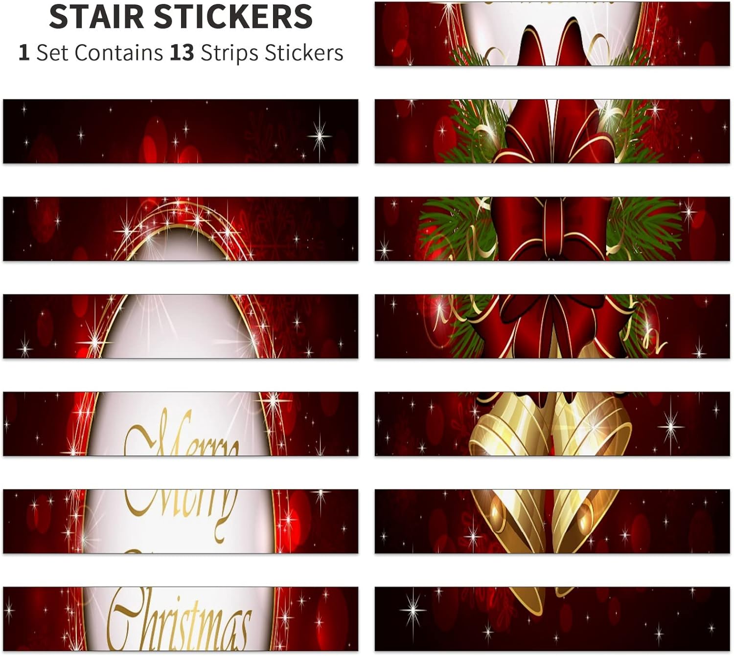 Christmas Golden Bell Red 3D Stair Stickers Stair Risers Decals Decor Peel and Stick Removable Staircase Stickers Stairway Wallpaper Decals for Stair Home Decoration 39" x 7"(13 PCS)