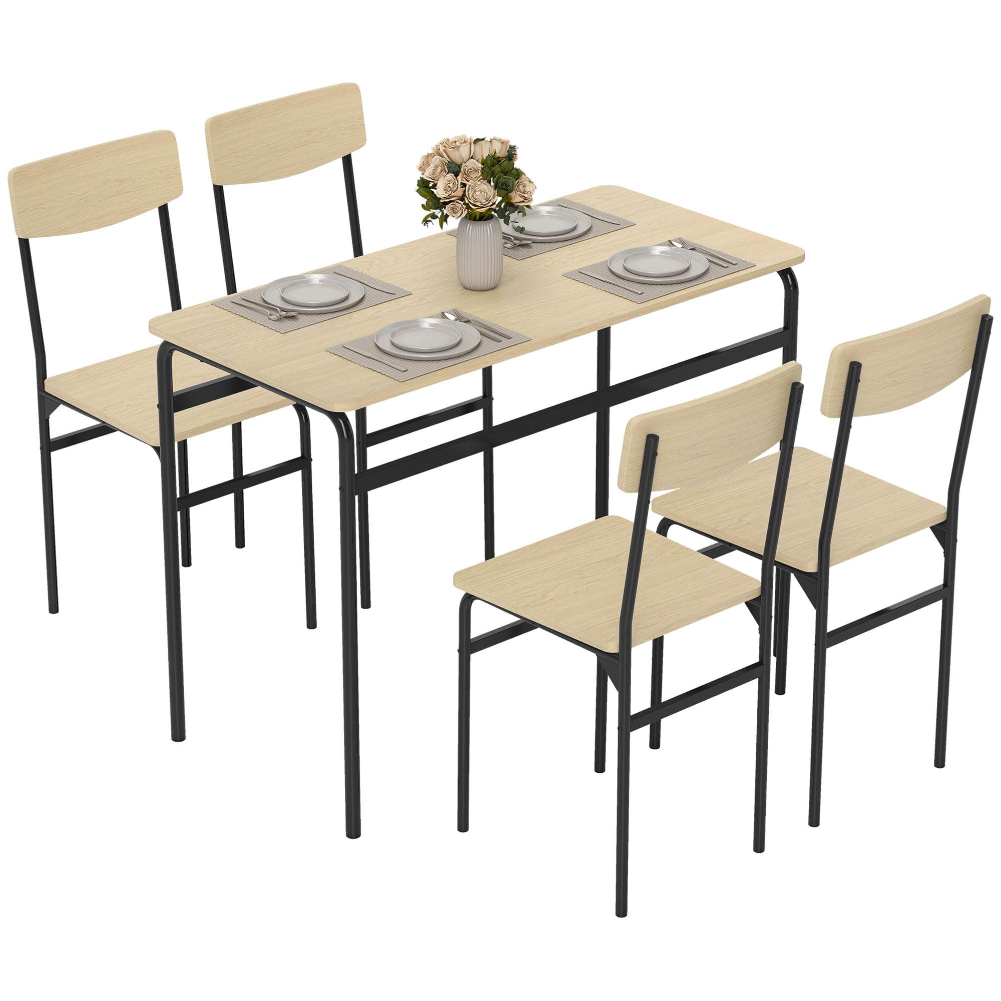 HOMCOM Set Tavolo e Sedie Sala da Pranzo 5 Pezzi, Tavolo da Pranzo Rettangolare e 4 Sedie in Legno e Metallo, Salvaspazio, Design Industriale, per Soggiorno Salotto Cucina, Nero e Color Legno