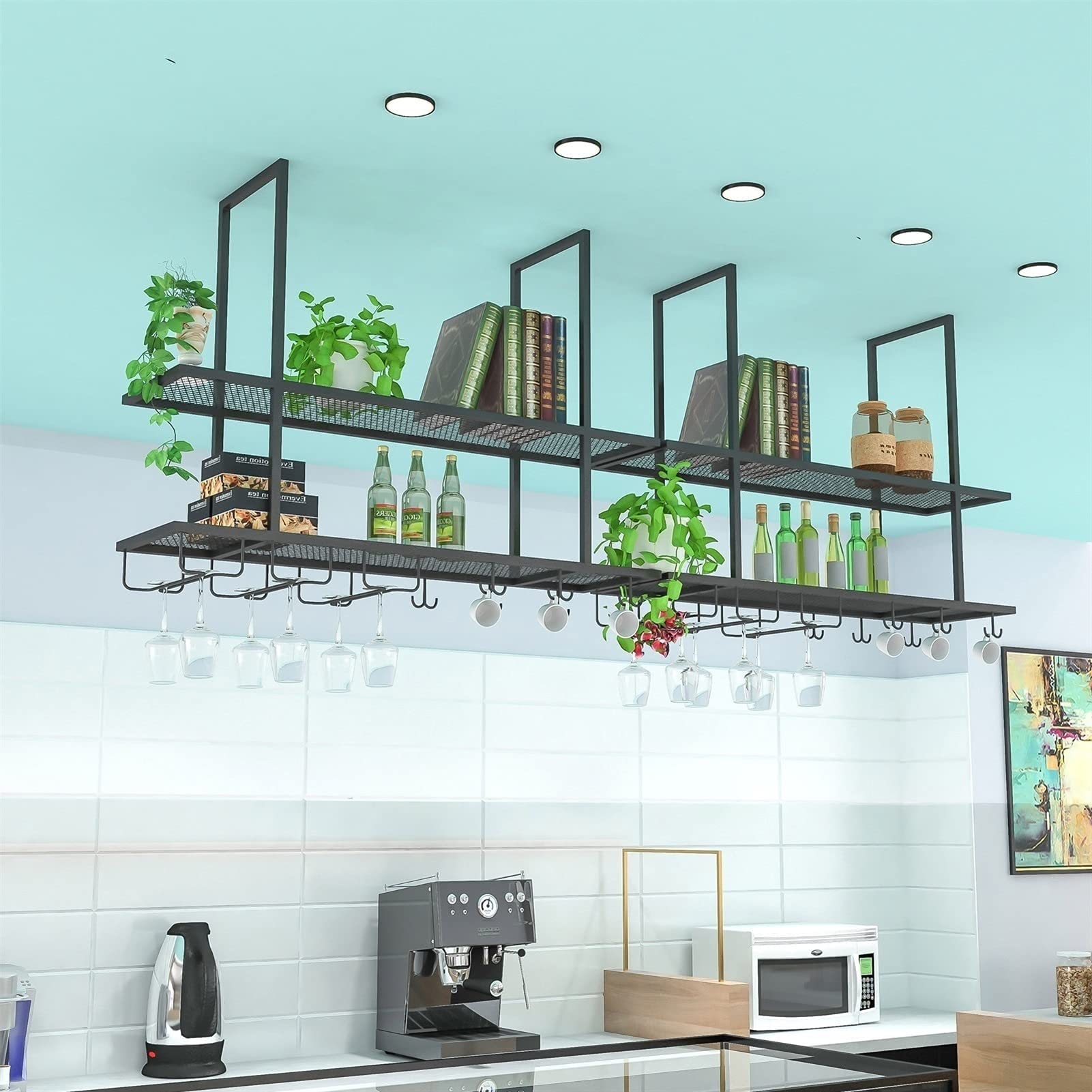 Mensole da soffitto, decorazione da parete, mensola sospesa, supporto per bicchieri da vino in ferro, 2 ripiani in metallo da cucina