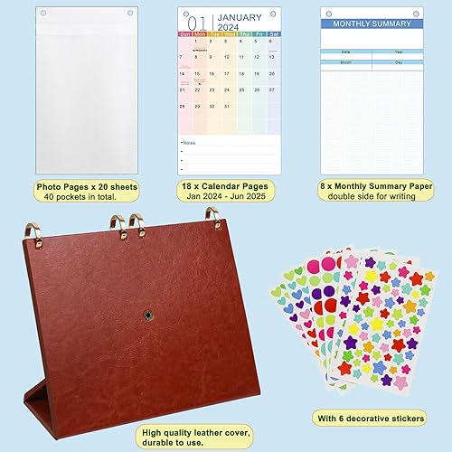 Miniatura 7 de ZEEYUAN Álbum de fotos de pie de 4 x 6 pulgadas con calendario de escritorio de enero de 2024 a junio de 2025, 40 bolsillos de 4 x 6 pulgadas para