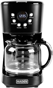 Haden Coffee Machine, 12 Cup Programmable Drip Coffee Maker with Auto Shut-Off Function and Reusable Washable Water Filter, Black & Chrome
