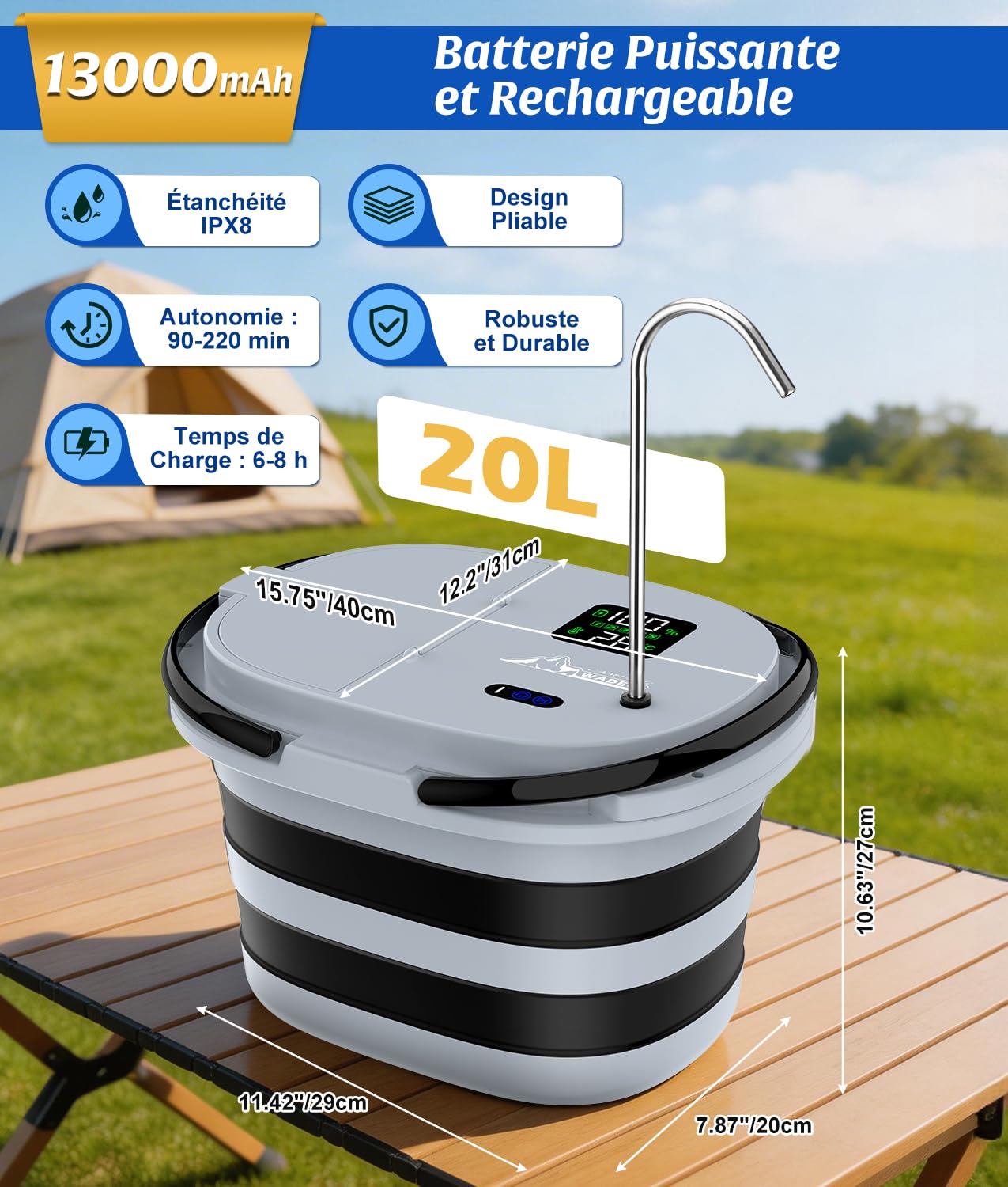 WADEO 2026 Douche Portable de Camping – Seau Pliable + Pompe Intégrés, 13000 mAh Rechargeable, Écran LED (℃/℉), 5 Vitesses, IPX8, Kit de Douche pour Camping, Animaux, Plage, Lavage Auto