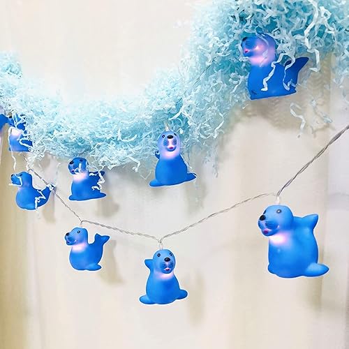 Linda tira de luces de león marino de 5.4 ft, luz nocturna con sello de mar, 10 LED, funciona con pilas, lámpara de temporizador para niños y niñas,