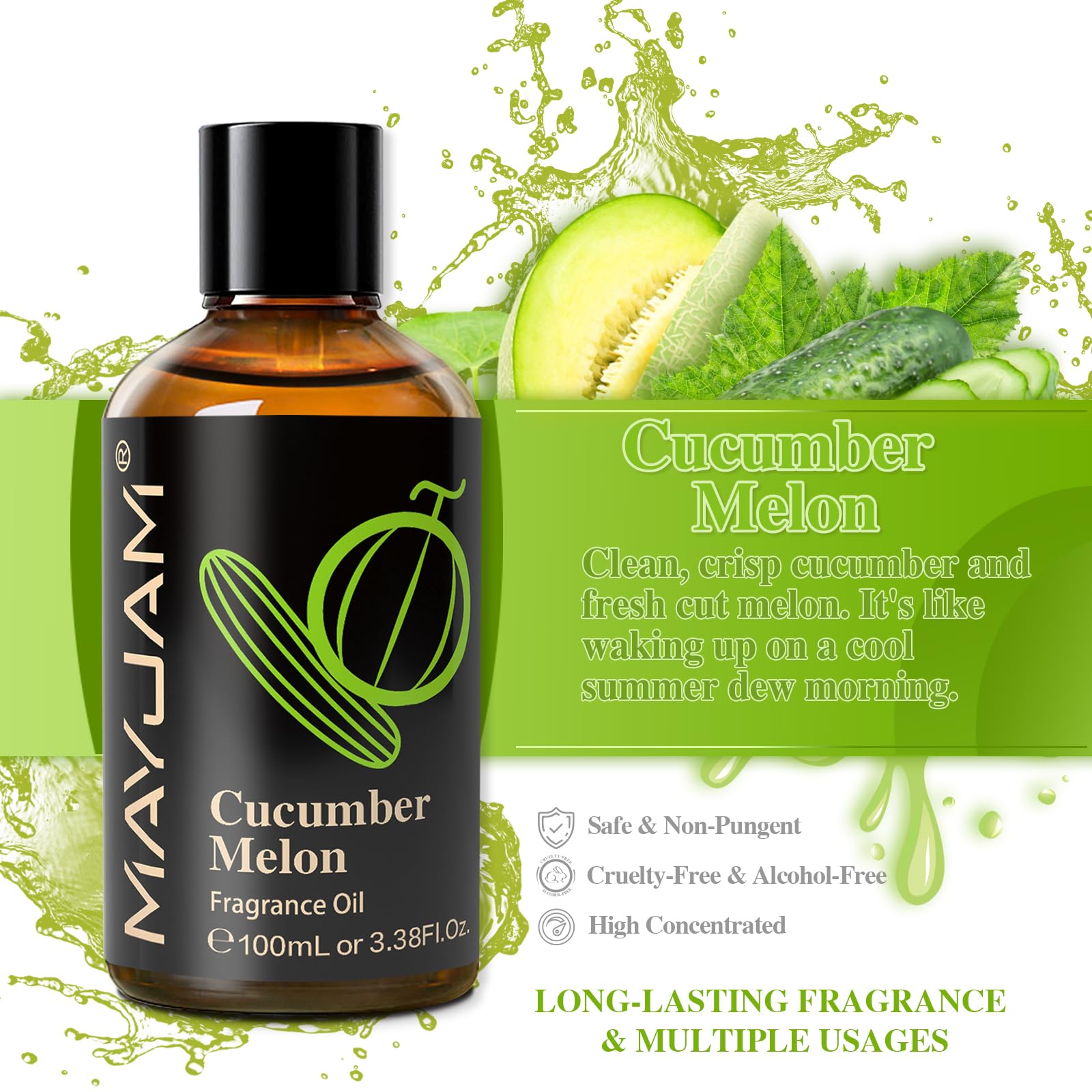 MAYJAM Olio Essenziale di Cetriolo Melone 100ml, Olio Di Fragranza Premium Per Diffusori di Olio Essenziali, Aromaterapia, Casa, Bruciatore Di Olio