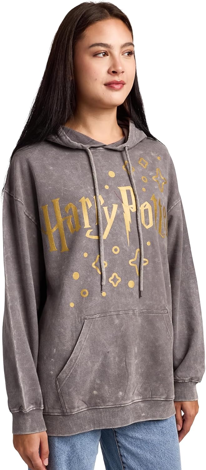 Bioworld Harry Potter Stars & Hogwarts Crest Women's Gray Mineral Wash Long Sleeve Fleece Hooded Sweatshirt