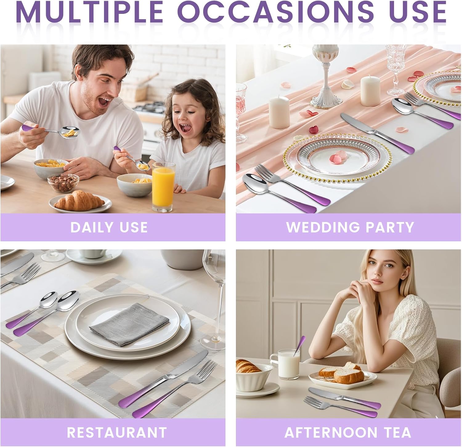 24-Piece Flatware Set with Organizer,Gradient Pink Gold Silverware Set for Family Dining Room,Cutlery Utensil Sets with Antiskid Handle, Mirror Polished (Purple Silver)