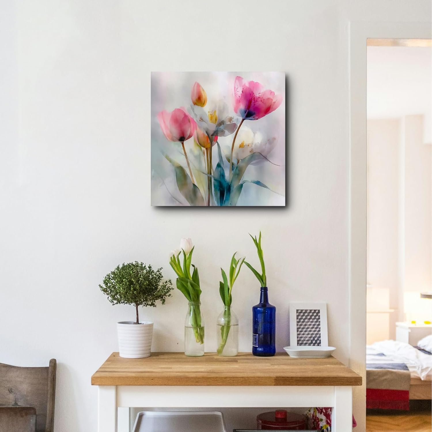 FOEIX Bathroom Wall Art Pictures Wall Decor Paintings Wall Decor Canvas Framed Abstract Floral Rustic Pink Flowers Artwork for Bedroom Living Room Kitchen Dinging Room Office(20x20 inches)