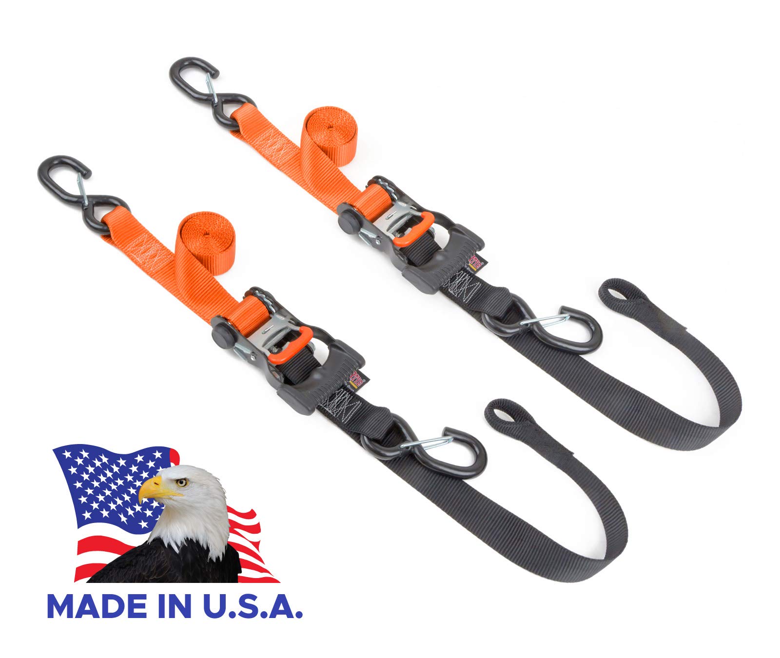 Powertye1.5in x 6.5ft Made in USA Ergonomic Locking Ratchet Soft-Tye Straps with Heavy-Duty Latch Hooks, Orange/Black (Pair)