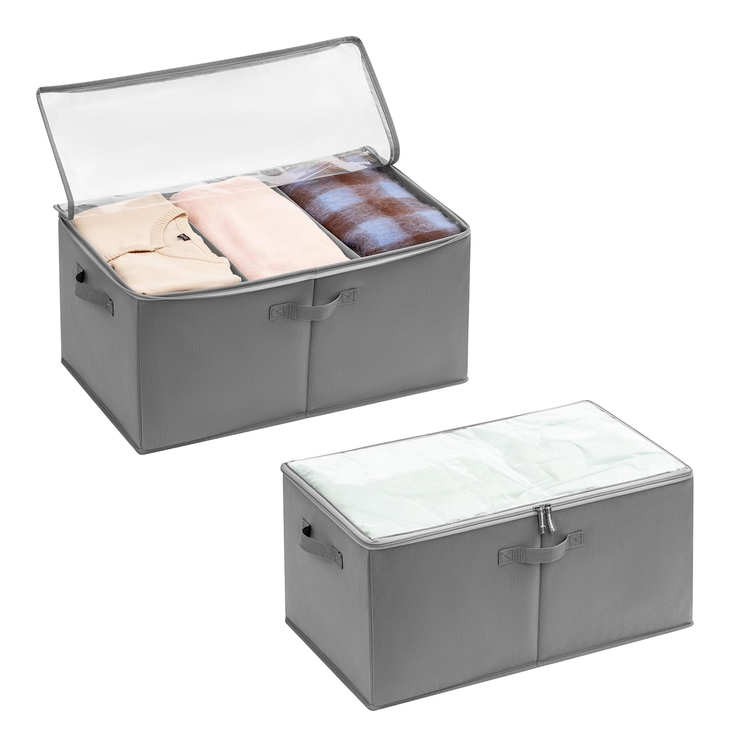 TEMUORG 2 Pack 65L Storage Bins with Lids Foldable Closet Storage Box with Zippered Clear Lid Collapsible Storage Bags for Clothes Blankets Towels