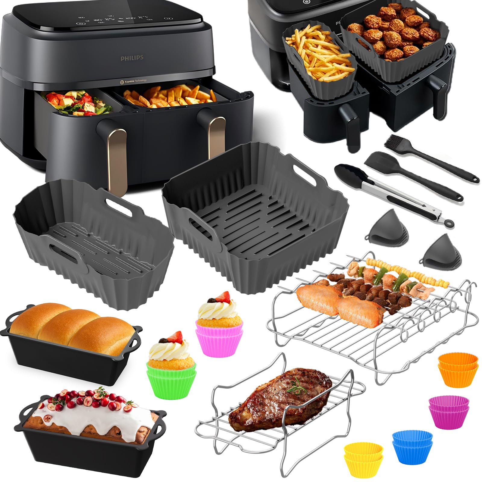 Heißluftfritteuse Zubehör für Philips Dual Basket Airfryer 3000-serie 6L/3L - 23 Stück Airfryer Silikonform Zubehör Set - Grillrost, Kuchen Brotform für Philips Airfryer 3000-5000 serie 9L(Grau)