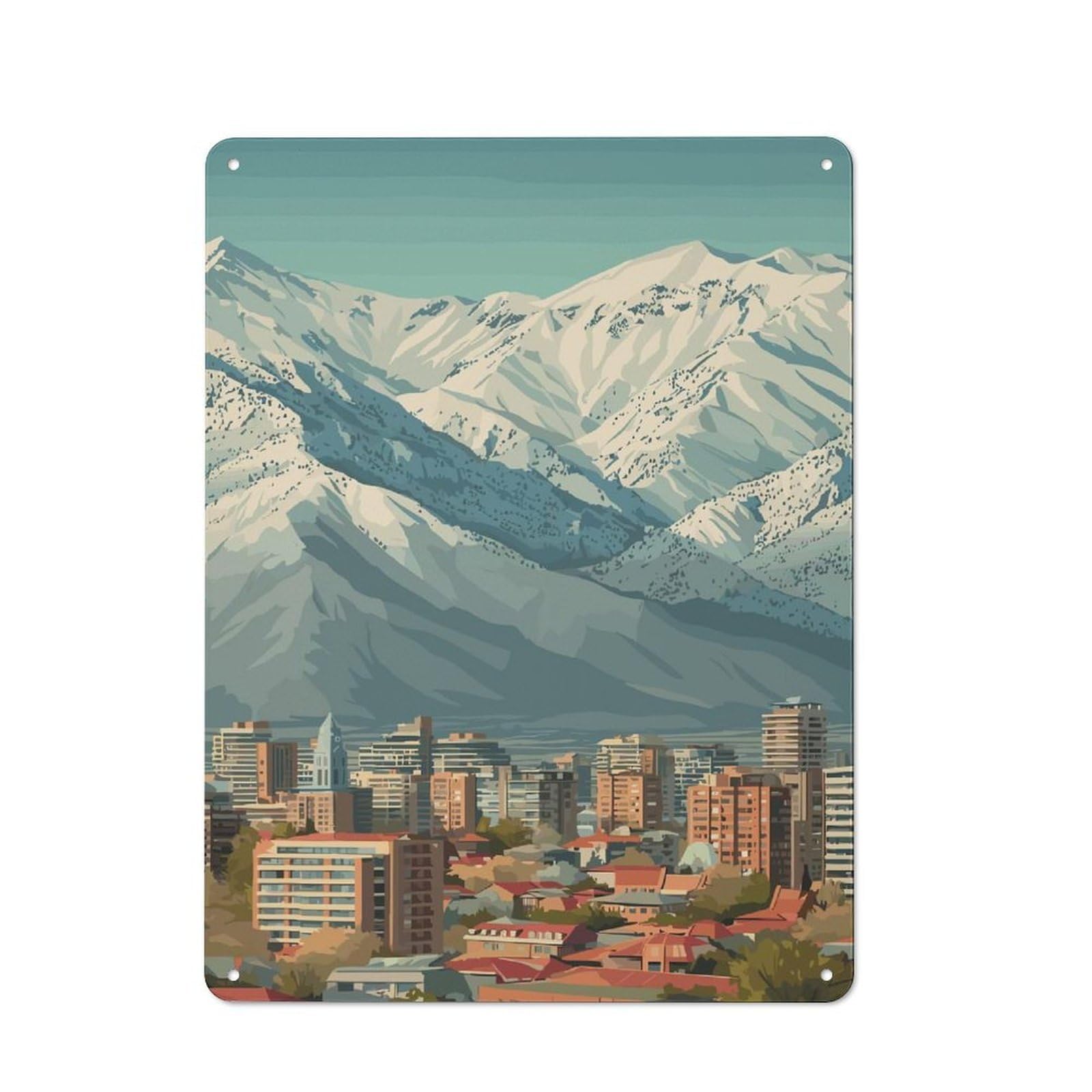 Junmoney Style-10 Tin Wall Plaque 40X30cm With Cityscape With Snowy Mountains Backdrop For Hallway Wall, Suited To Hallway Decor Lovers, For Retro Home Interiors