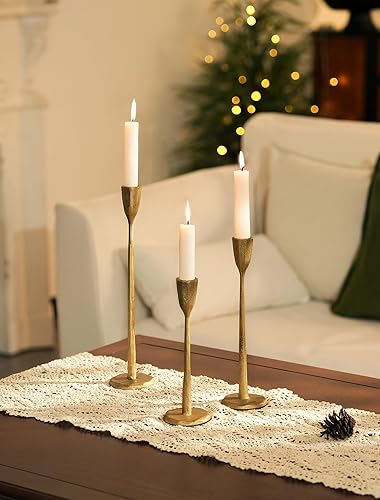 Miniatura 2 de Romadedi Portavelas dorado Portavelas cónico de hierro fundido, decoración antigua de latón, cónico para mesa de comedor de boda, mantel de