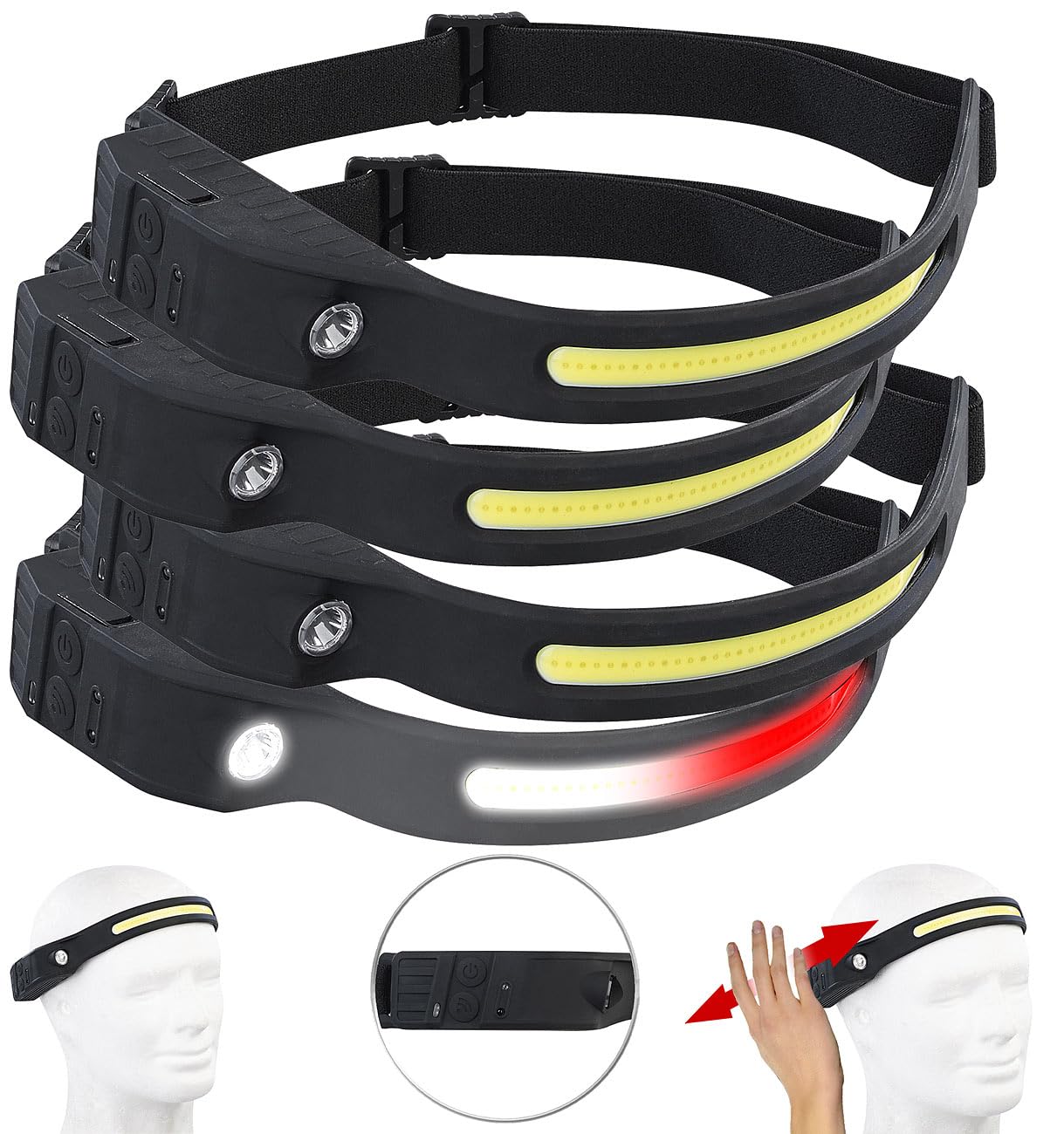 Stirnlampe Rotlicht: 4er-Set Akku-Stirnlampen, 230°-Flutlicht, COB- & SMD-LED, 500 Lumen (LED-Stirnlampe aufladbar, Stirnlampe LED Akku USB)