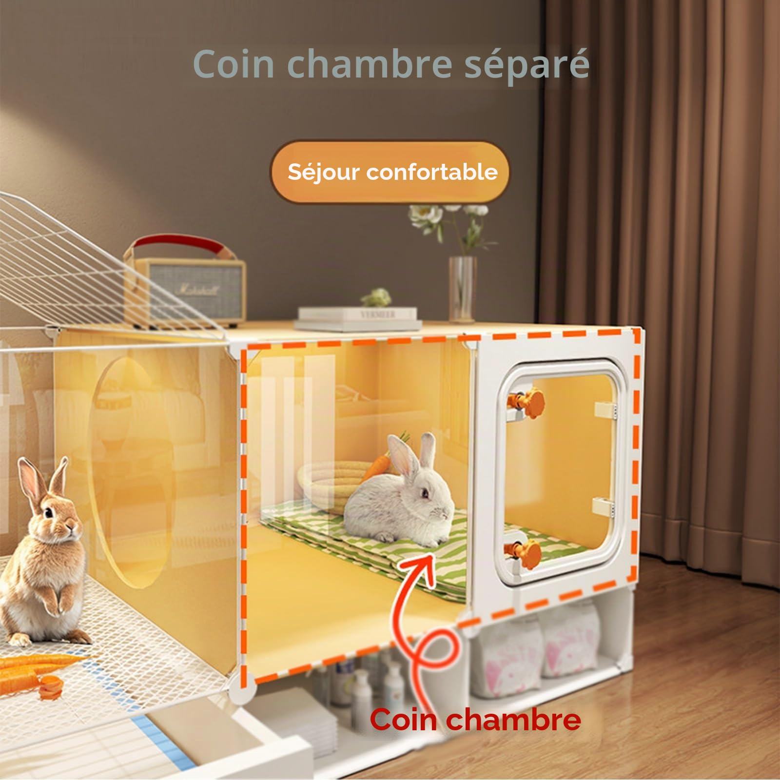 Cage Lapin d'intérieur, Cage avec Plateau Coulissant et Espace de Rangement, Maison Lapin Transparente, for Petits Animaux(106x45x53CM)
