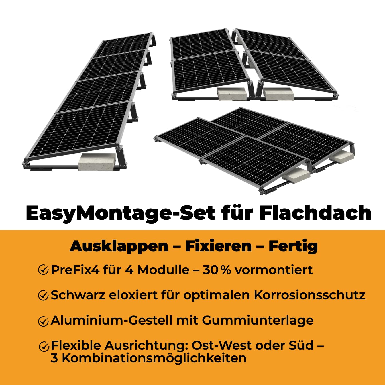EasyMontage Flachdach Montagesystem für 4 Solarmodule PreFix4 II – schwarz eloxiert – 10 Grad Halterung – flexible Ausrichtung Ost/West/Süd